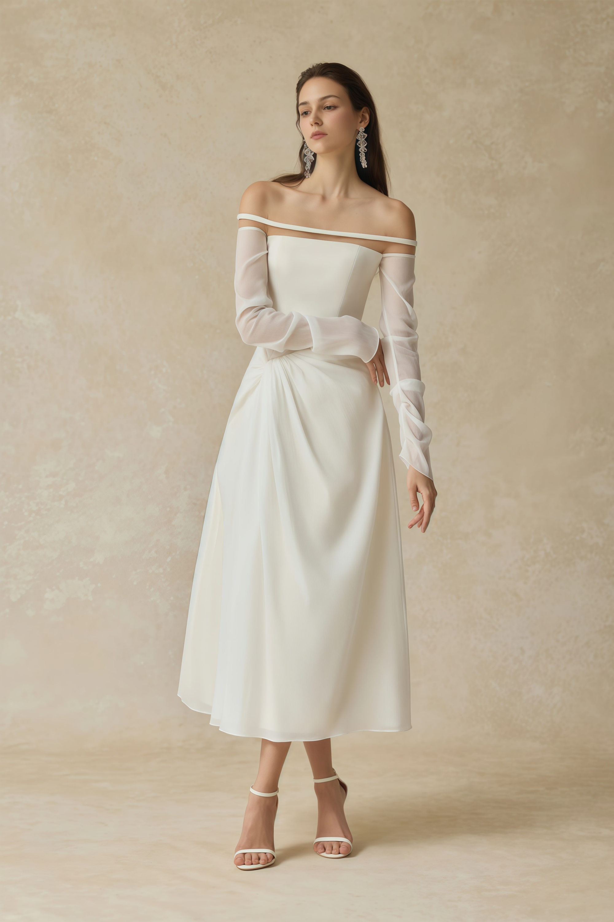 Gelsomina White Gathered Crepe Midi Dress