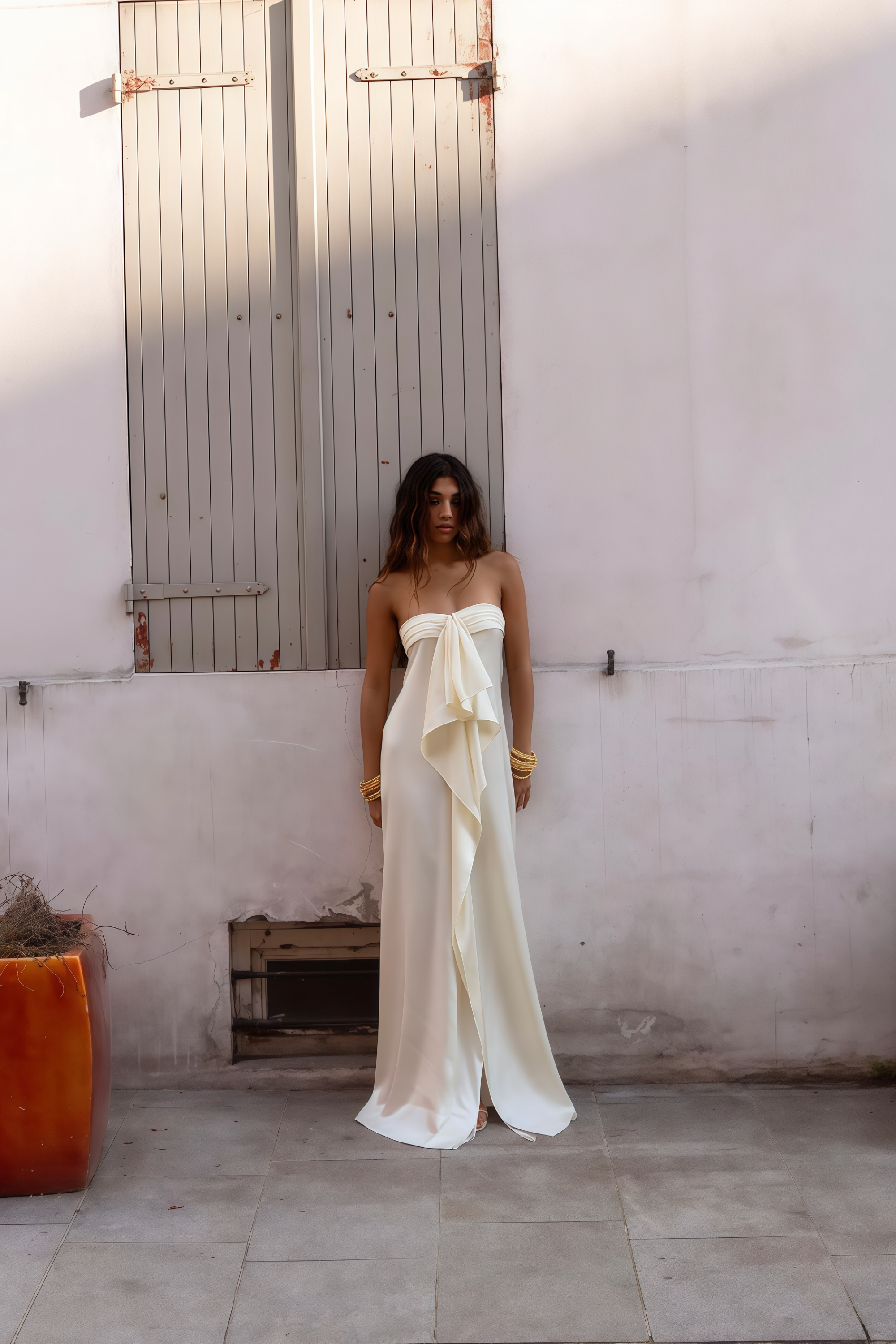 Lilla Beige Strapless Ruffled Satin Maxi Dress