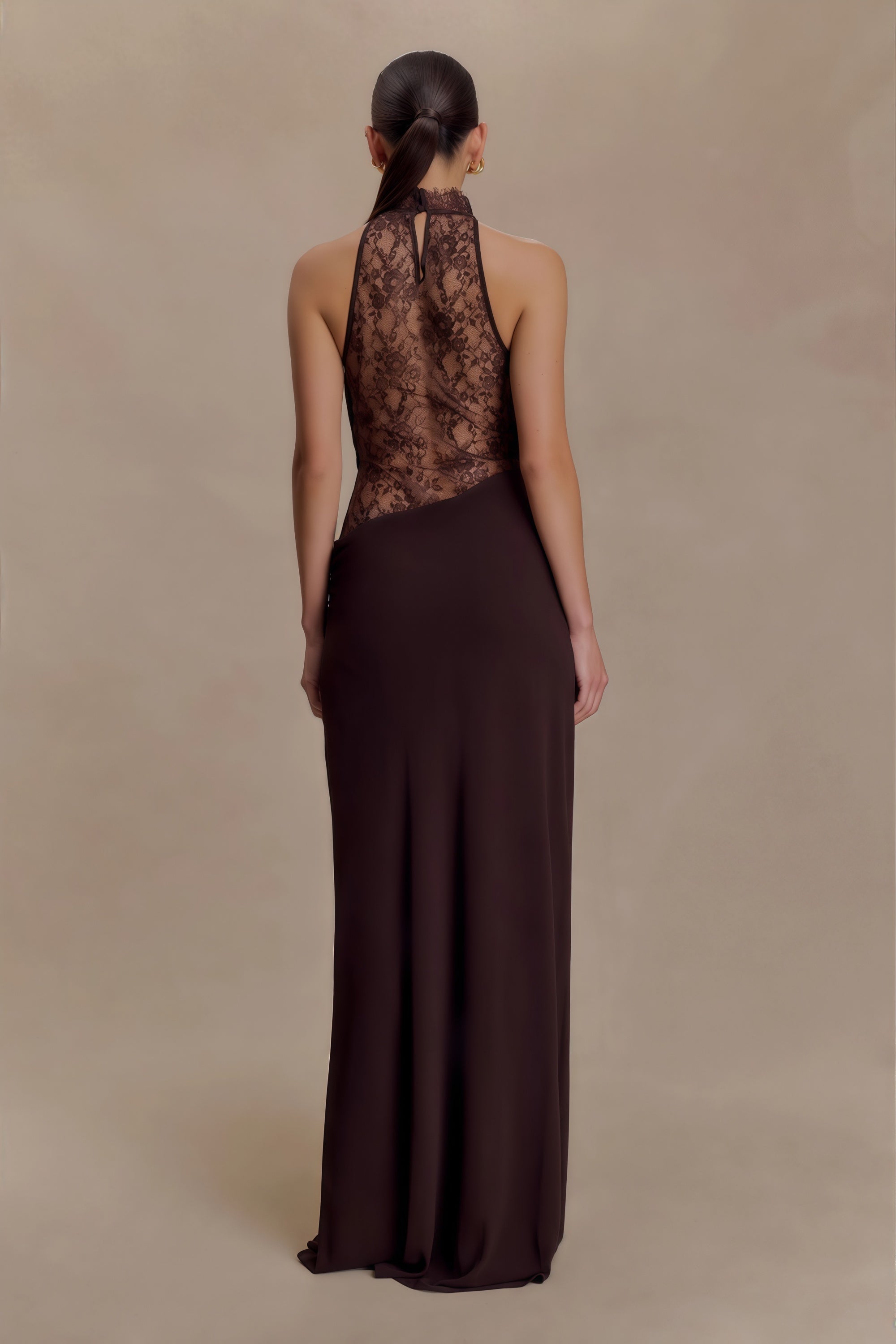 Gioconda Brown Halterneck Lace Panel Maxi Dress