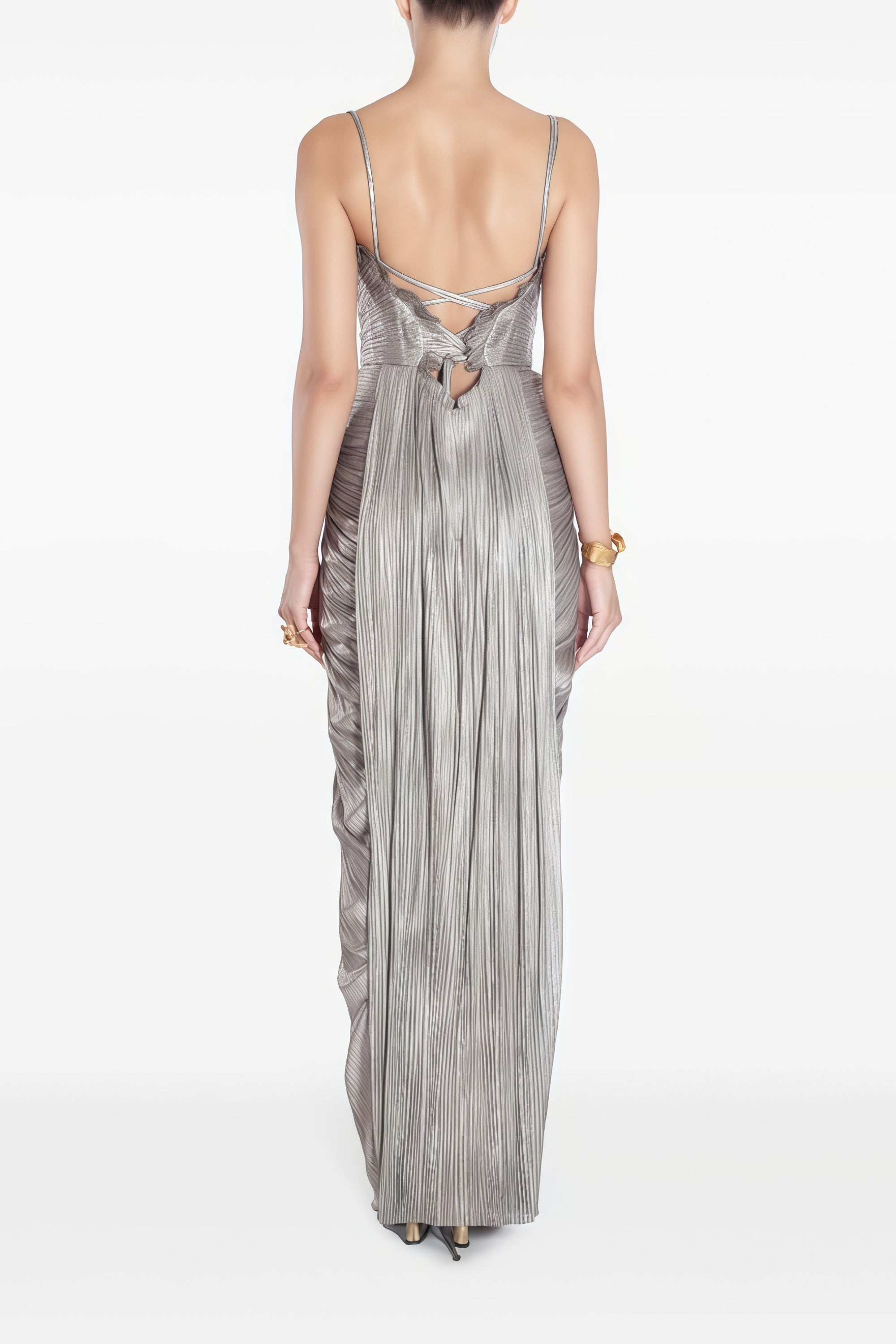 Nicoletta Silver Glossy Pleated Corset Maxi Dress