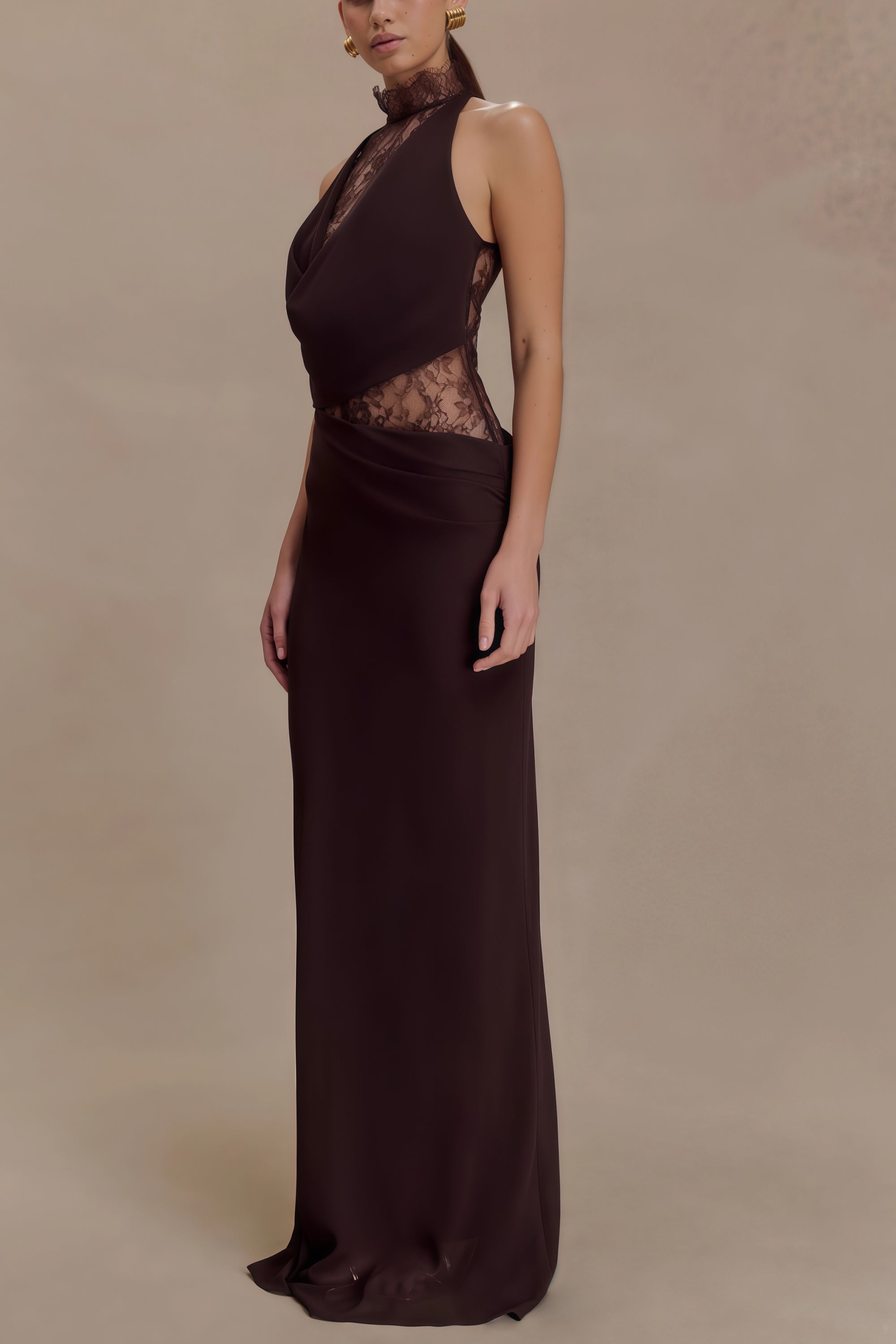 Gioconda Brown Halterneck Lace Panel Maxi Dress