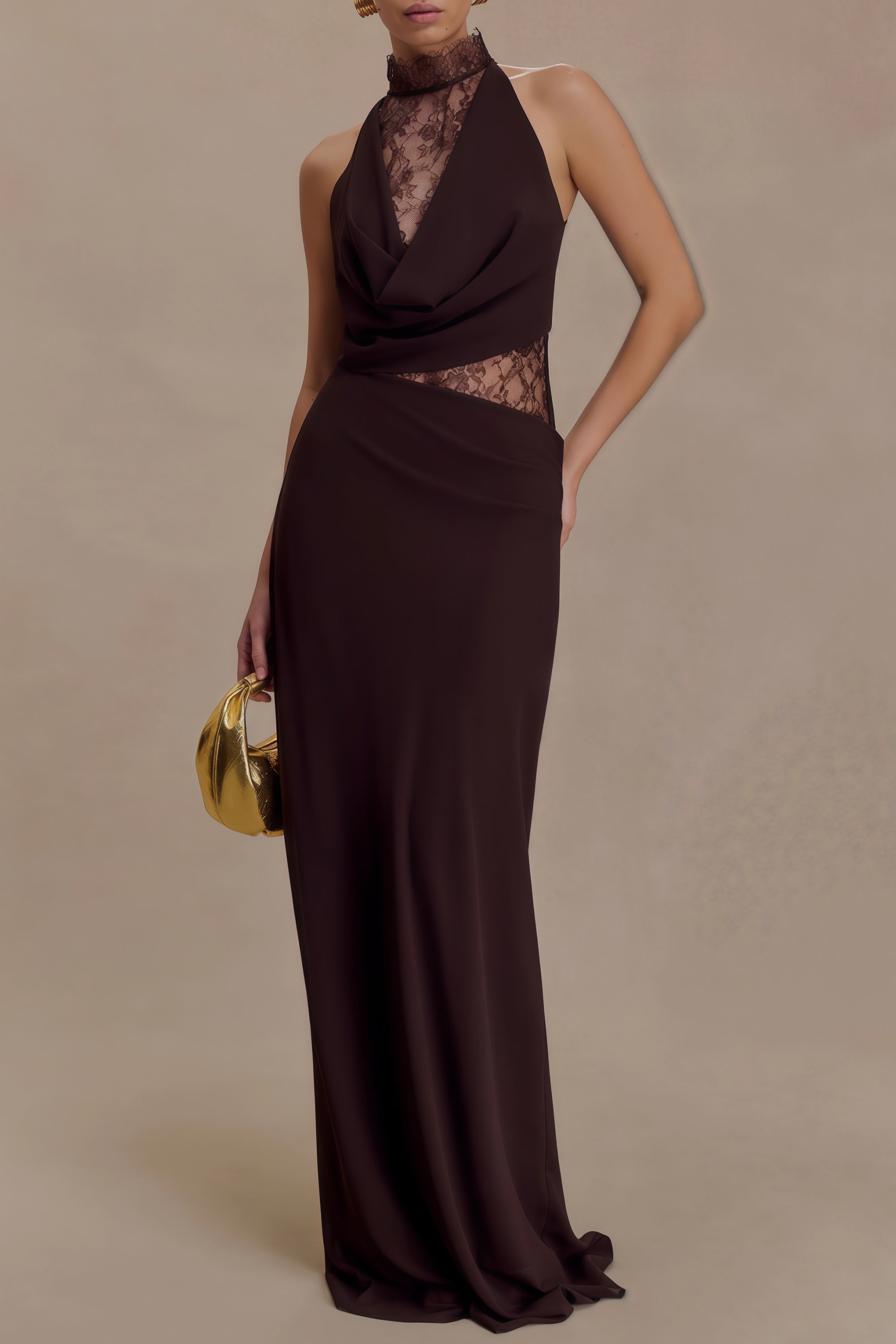 Gioconda Brown Halterneck Lace Panel Maxi Dress