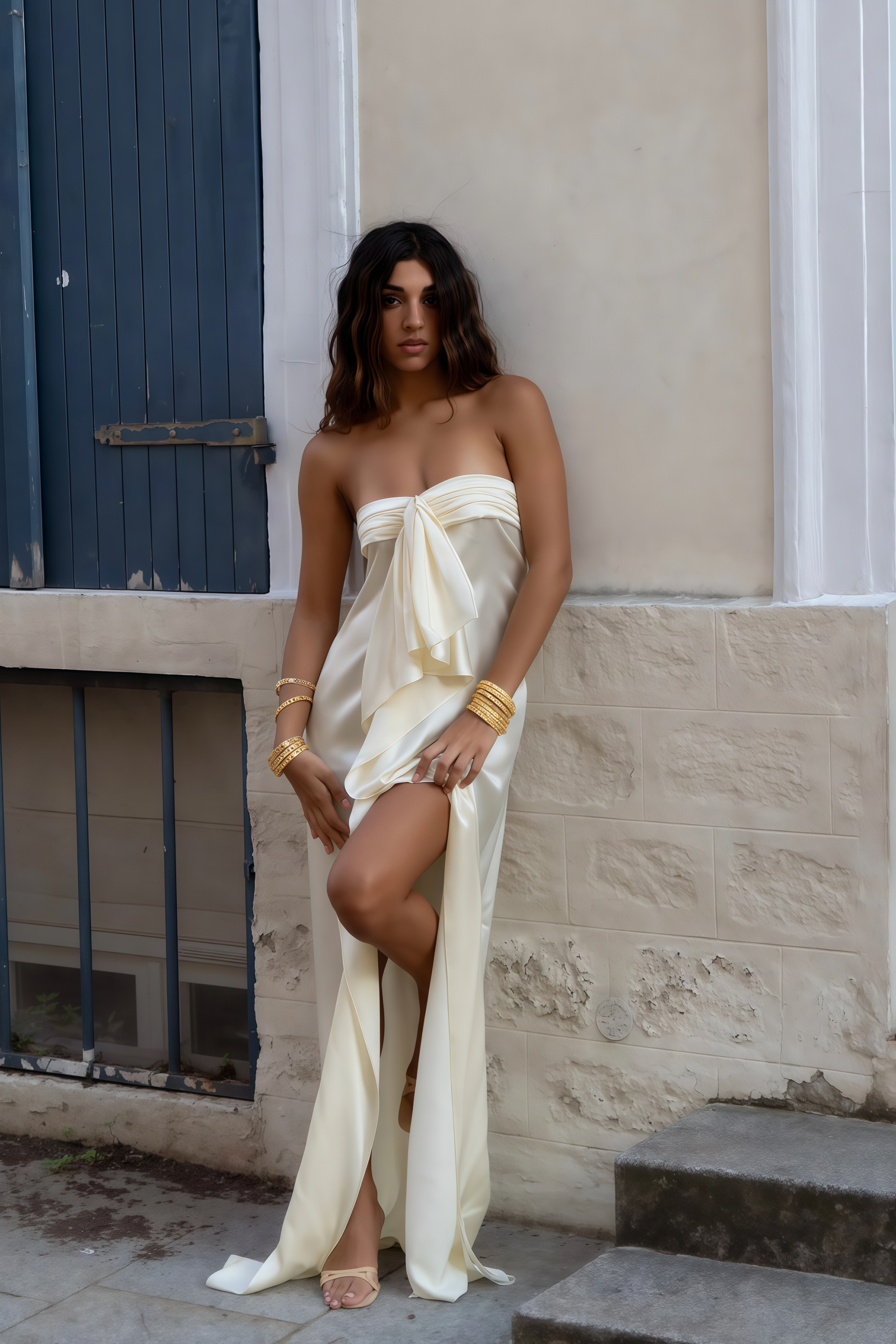 Lilla Beige Strapless Ruffled Satin Maxi Dress