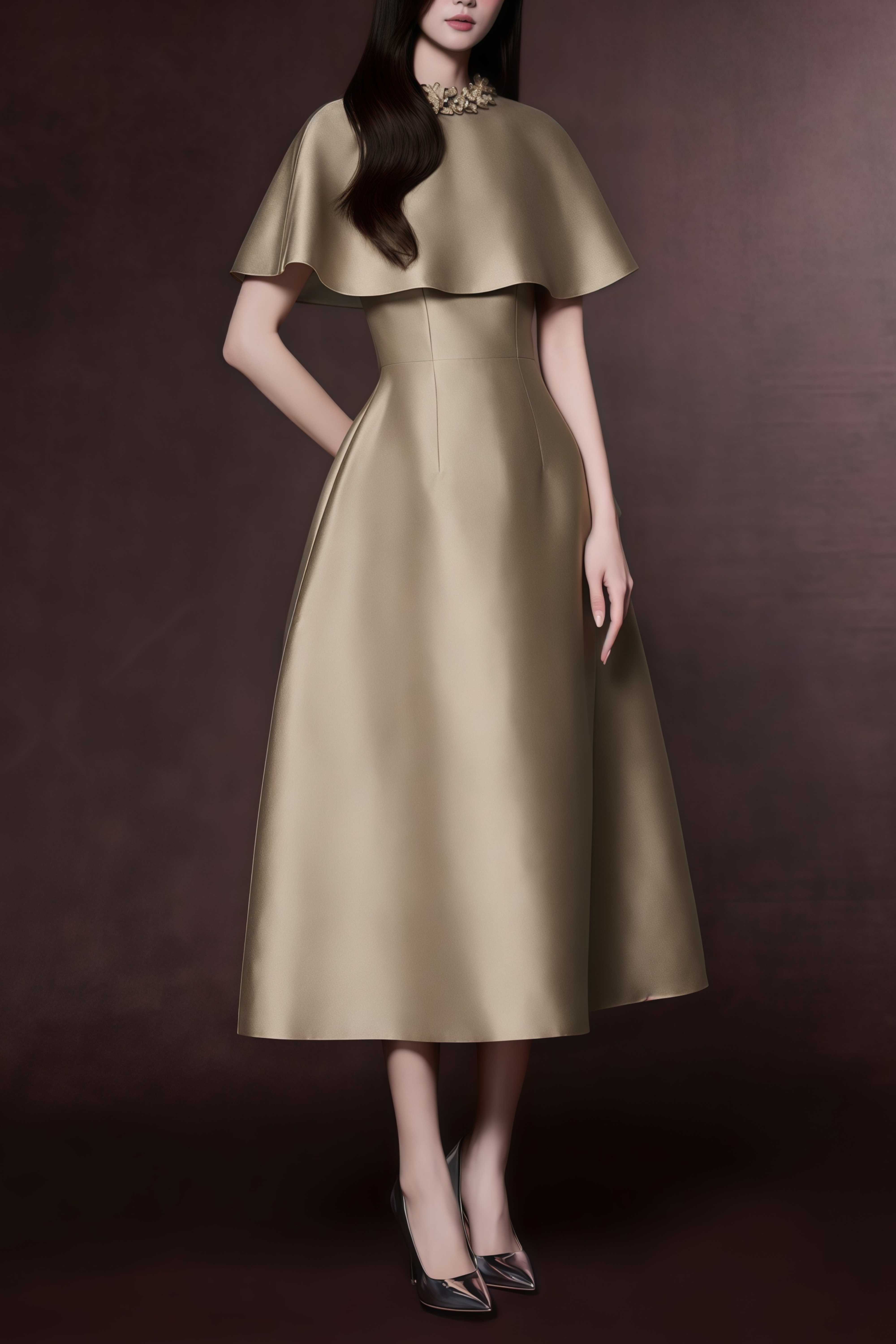 Hilda Khaki Cape Design Satin Midi Dress