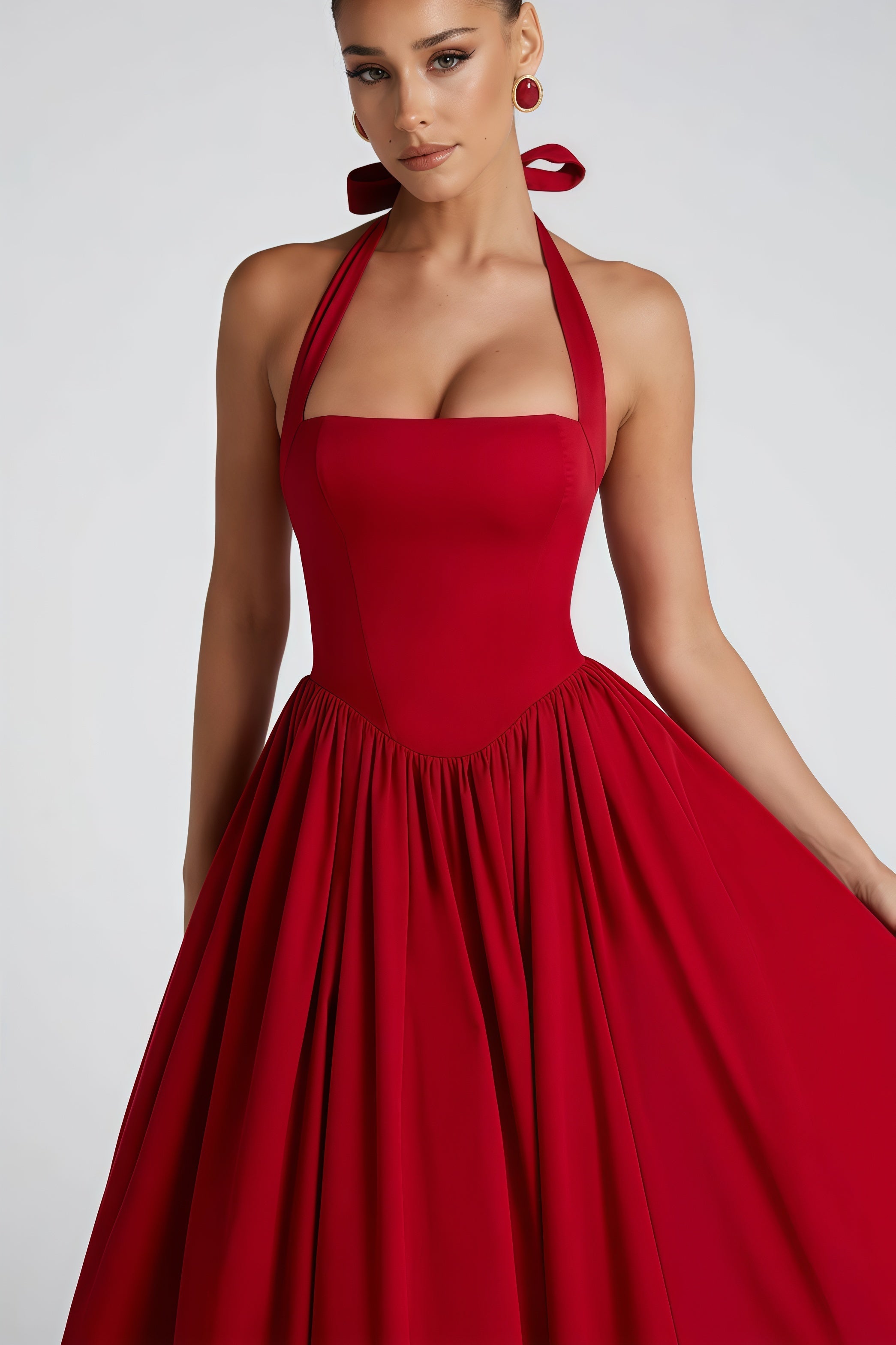 Eponine Red Layered Flared Hem Midi Dress