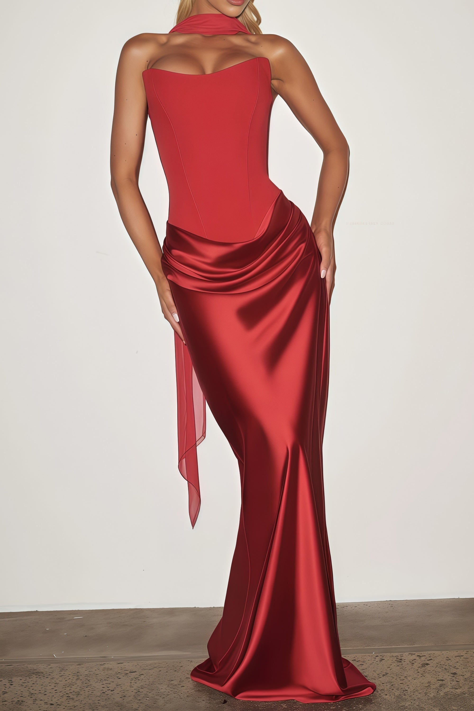 فستان طويل بكتفين مكشوفين ورباطات من Berit Red Scarf