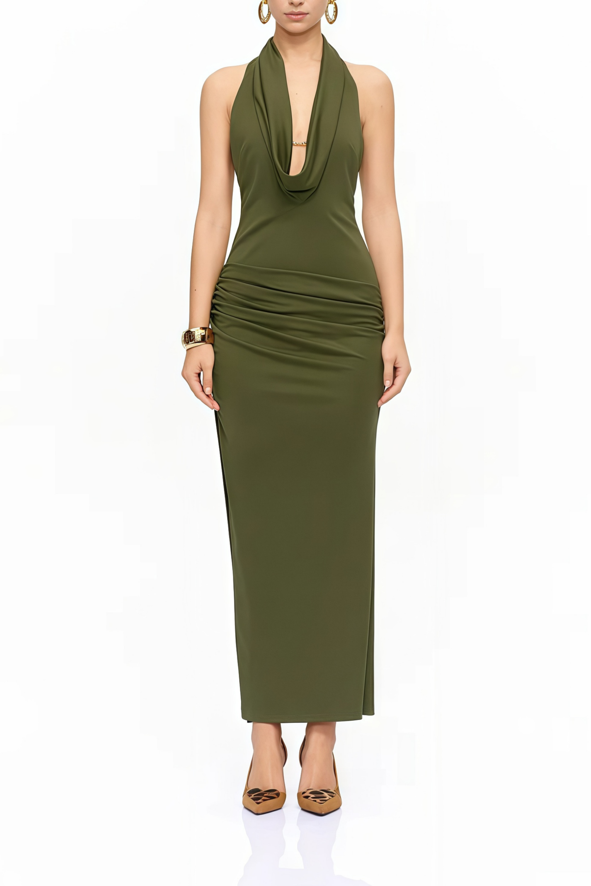 Selene Olive Halterneck Ruched Midi Dress