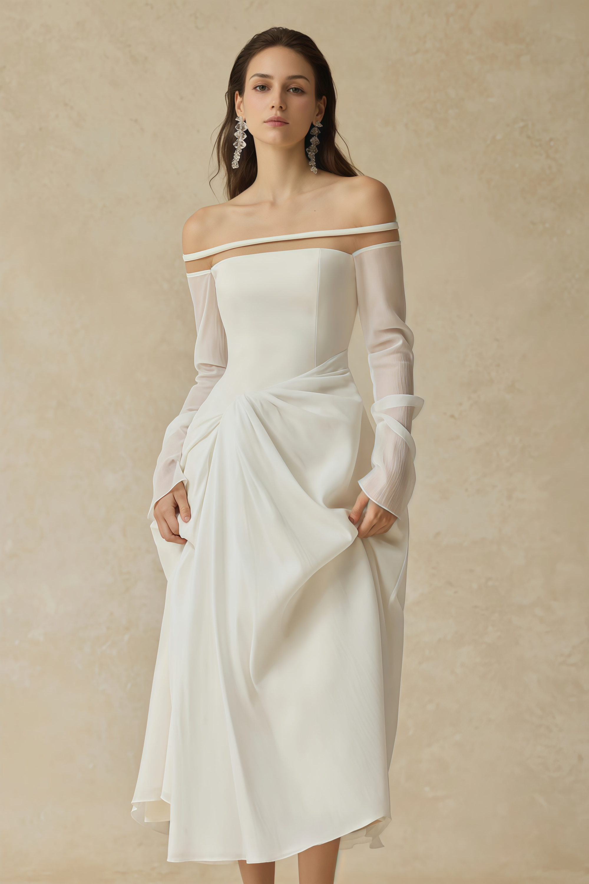 Gelsomina White Gathered Crepe Midi Dress