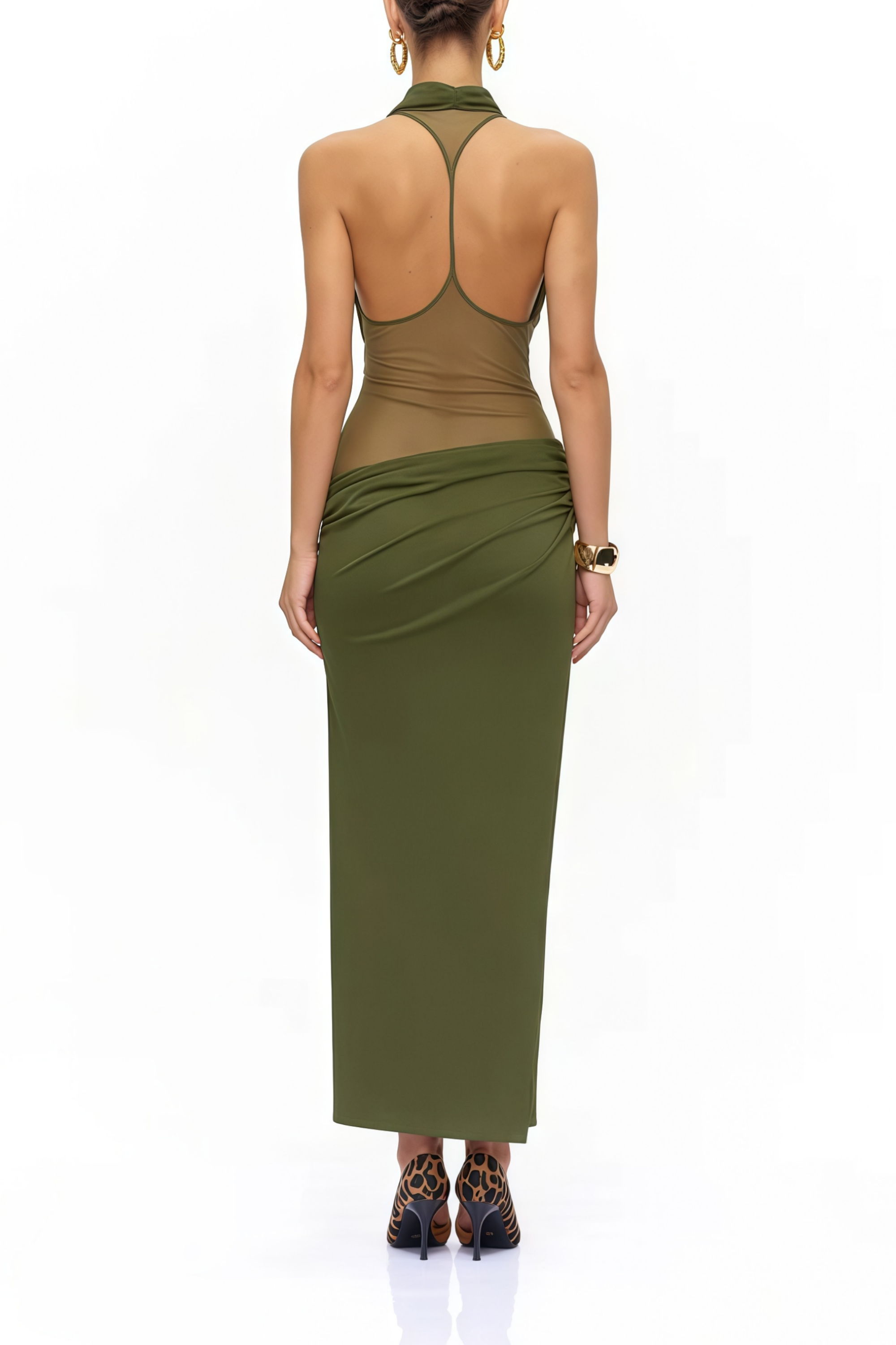 Selene Olive Halterneck Ruched Midi Dress