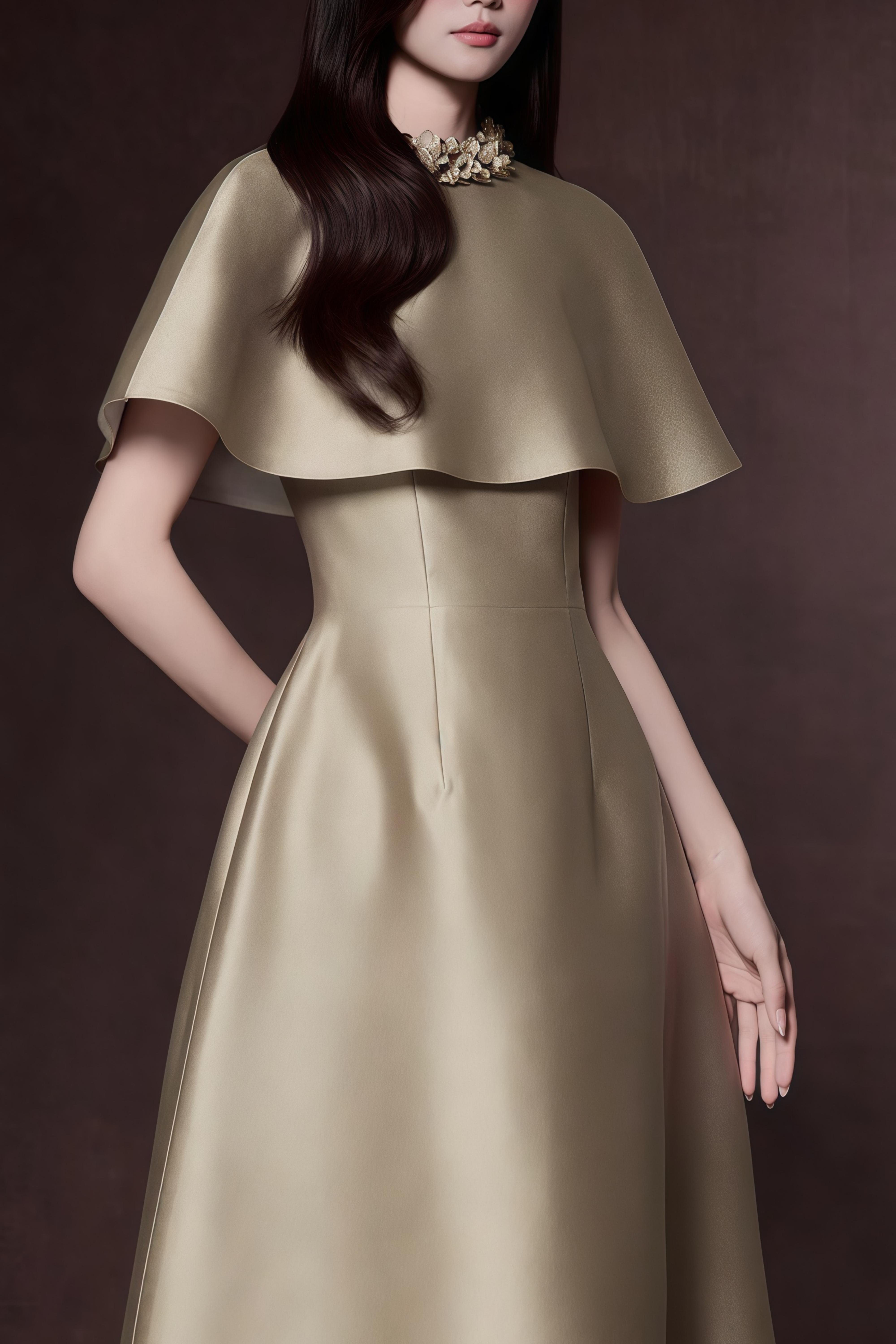 Hilda Khaki Cape Design Satin Midi Dress