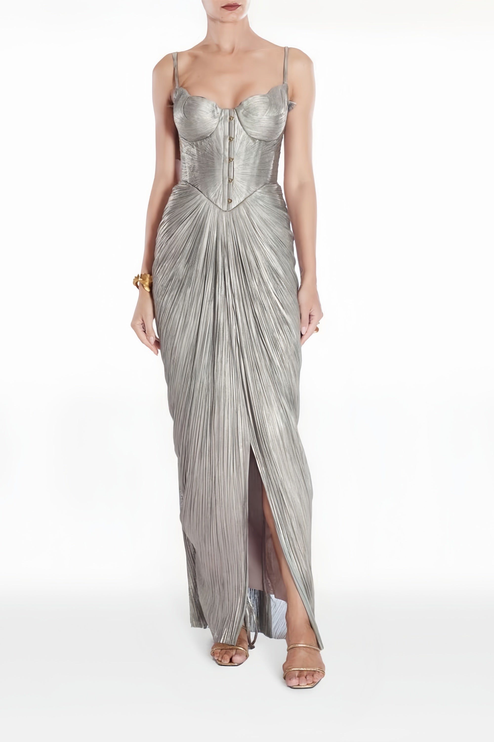Nicoletta Silver Glossy Pleated Corset Maxi Dress