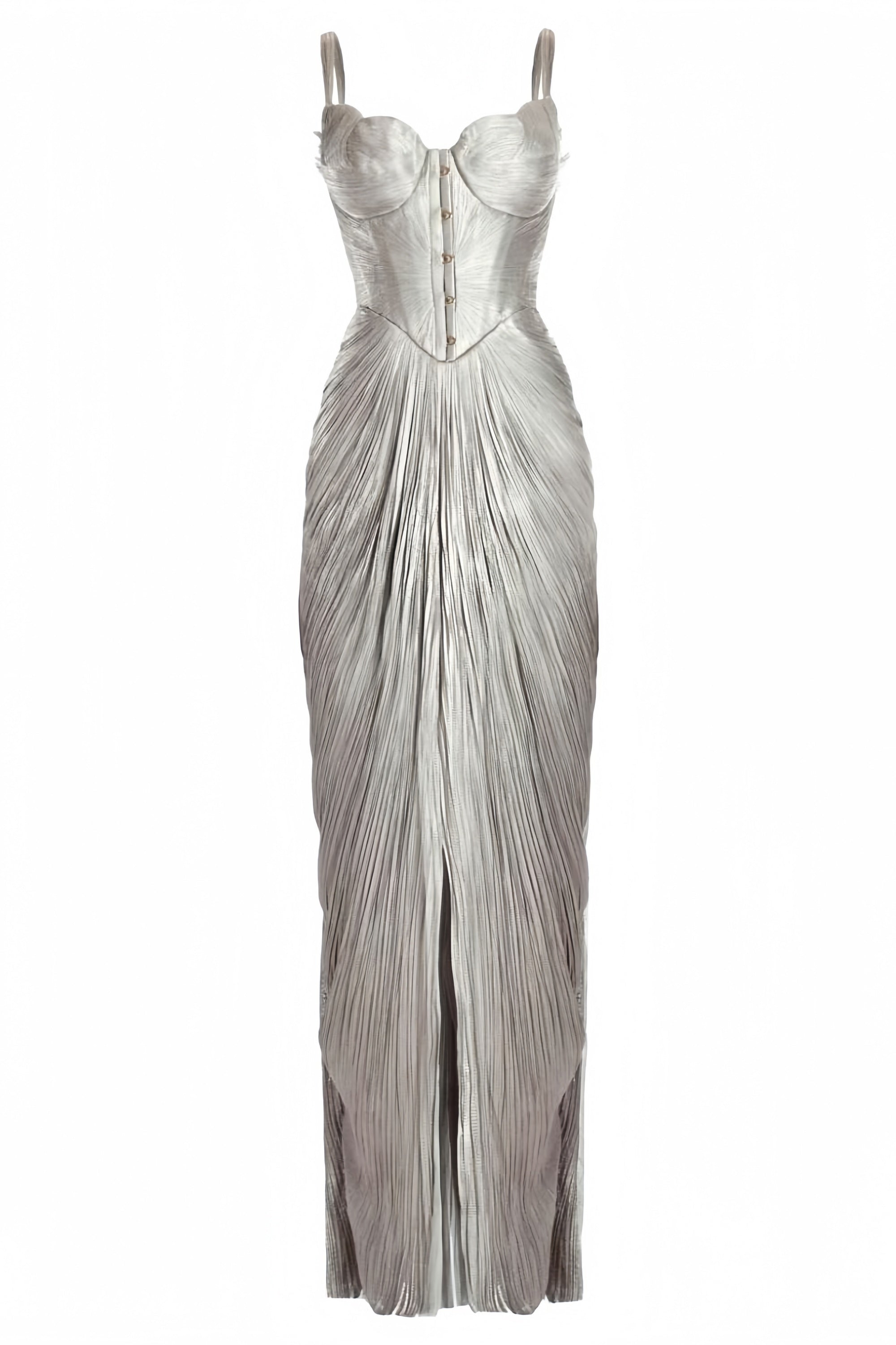 Nicoletta Silver Glossy Pleated Corset Maxi Dress