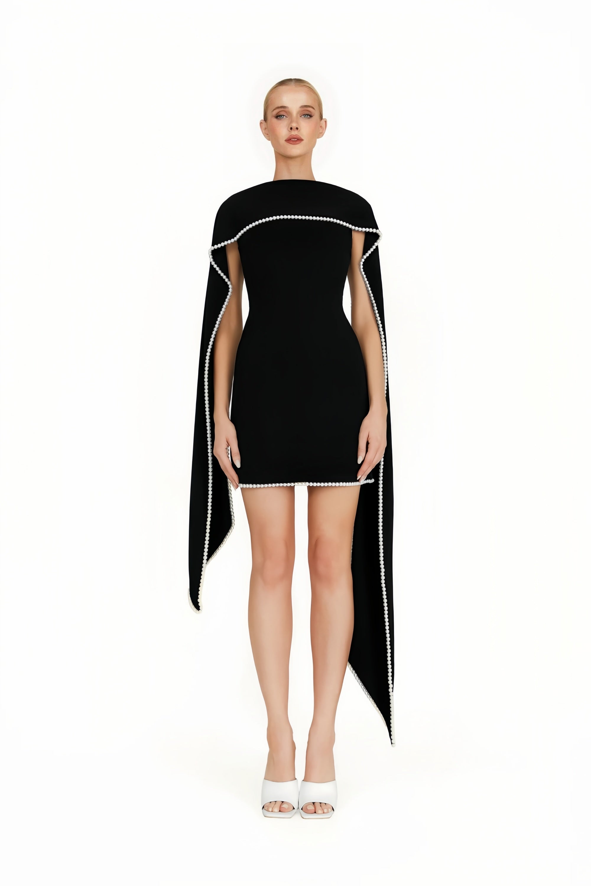 Piroska Schwarzes ärmelloses Minikleid mit Perlenbesatz