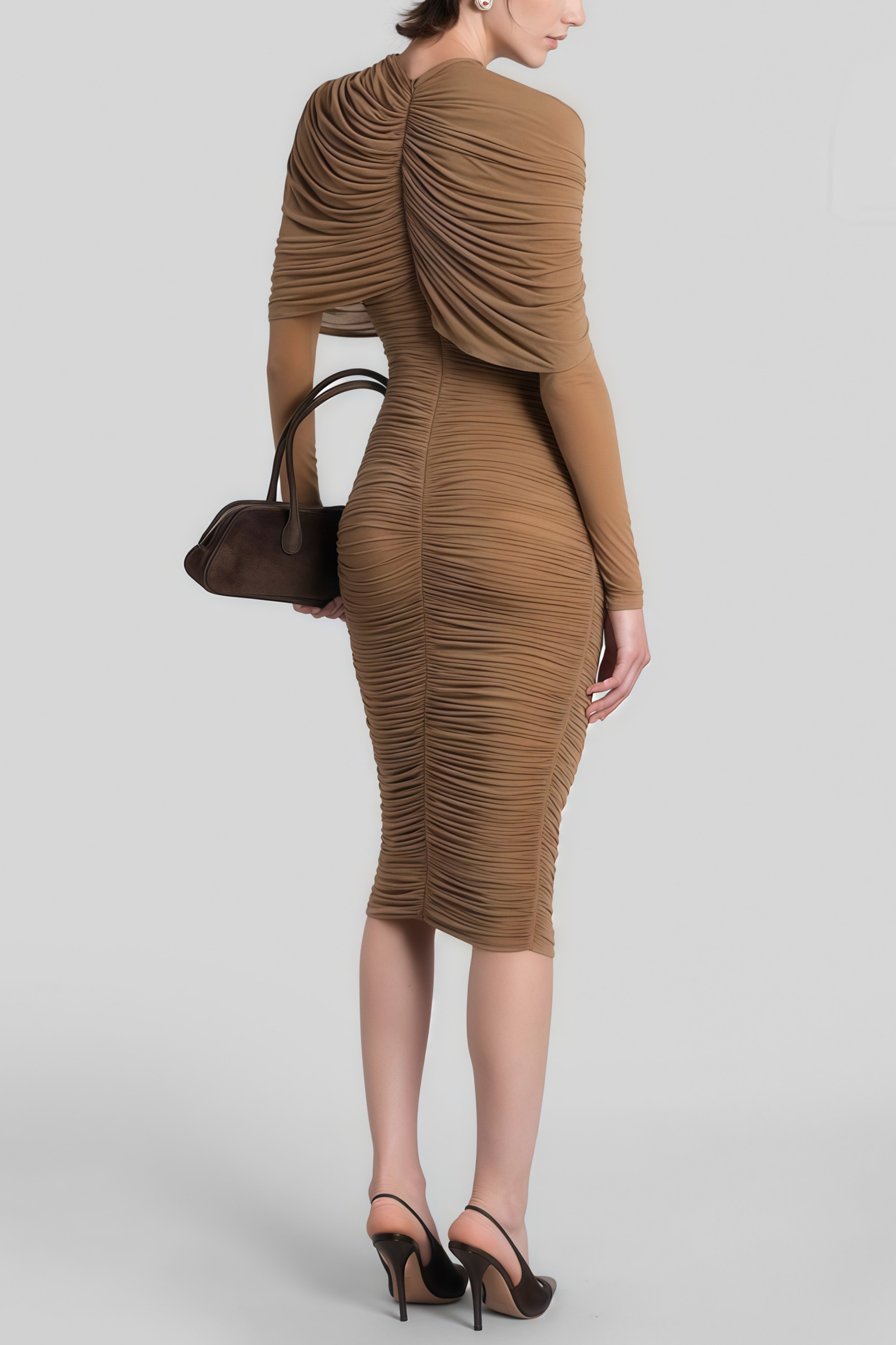 Lieselotte Brown Mock Neck Draped Midi Dress