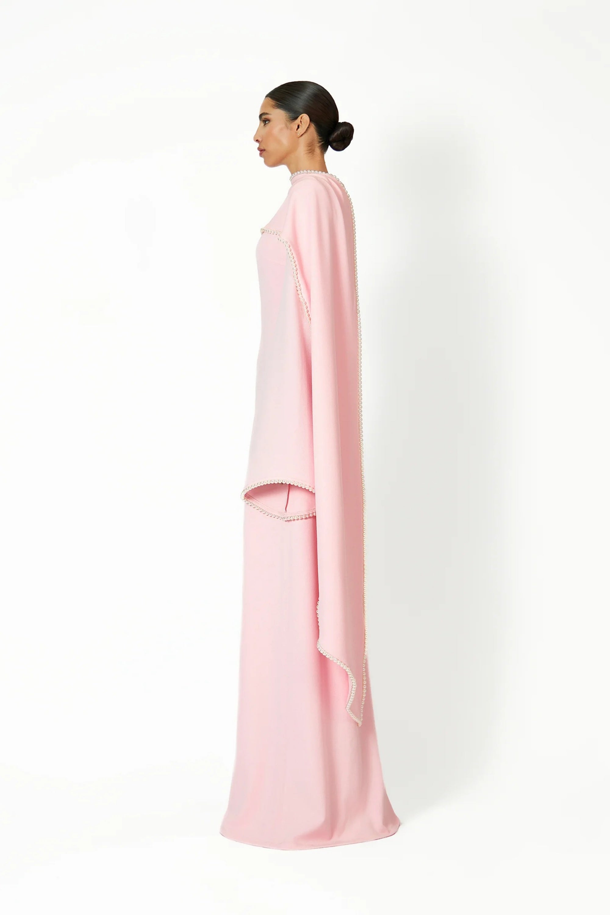 Piroska Pink Pearl Trim Shawl Detail Maxi Dress