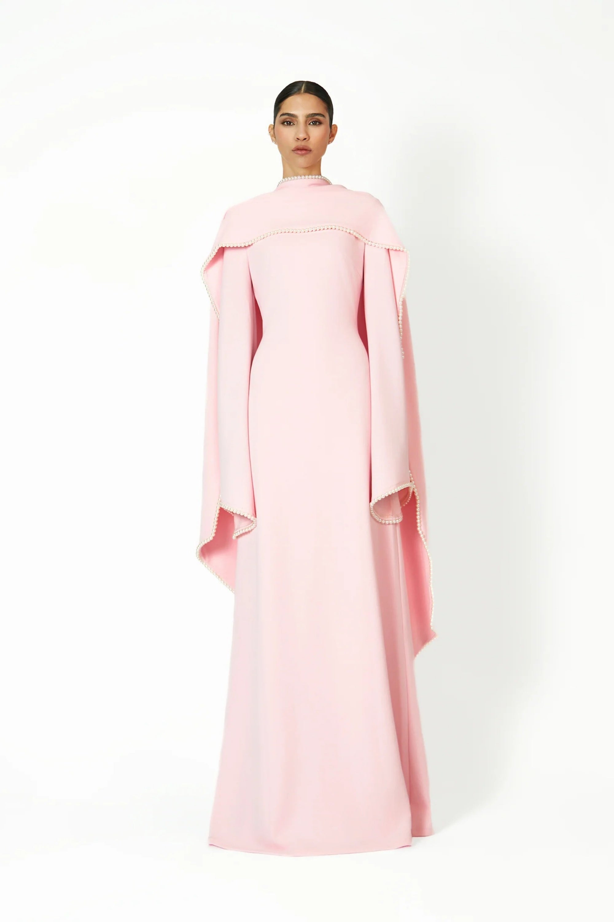Piroska Pink Pearl Trim Shawl Detail Maxi Dress