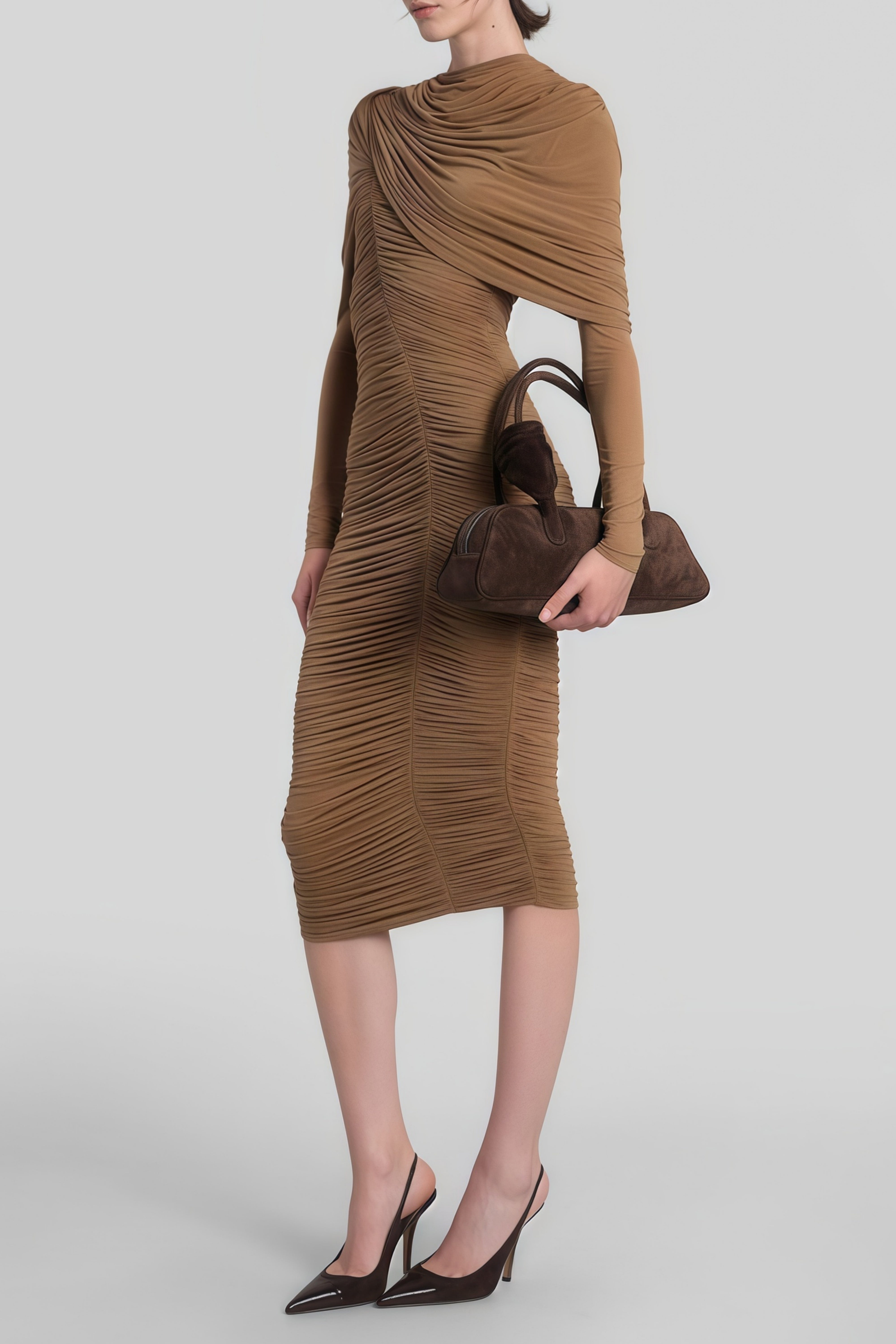 Lieselotte Brown Mock Neck Draped Midi Dress