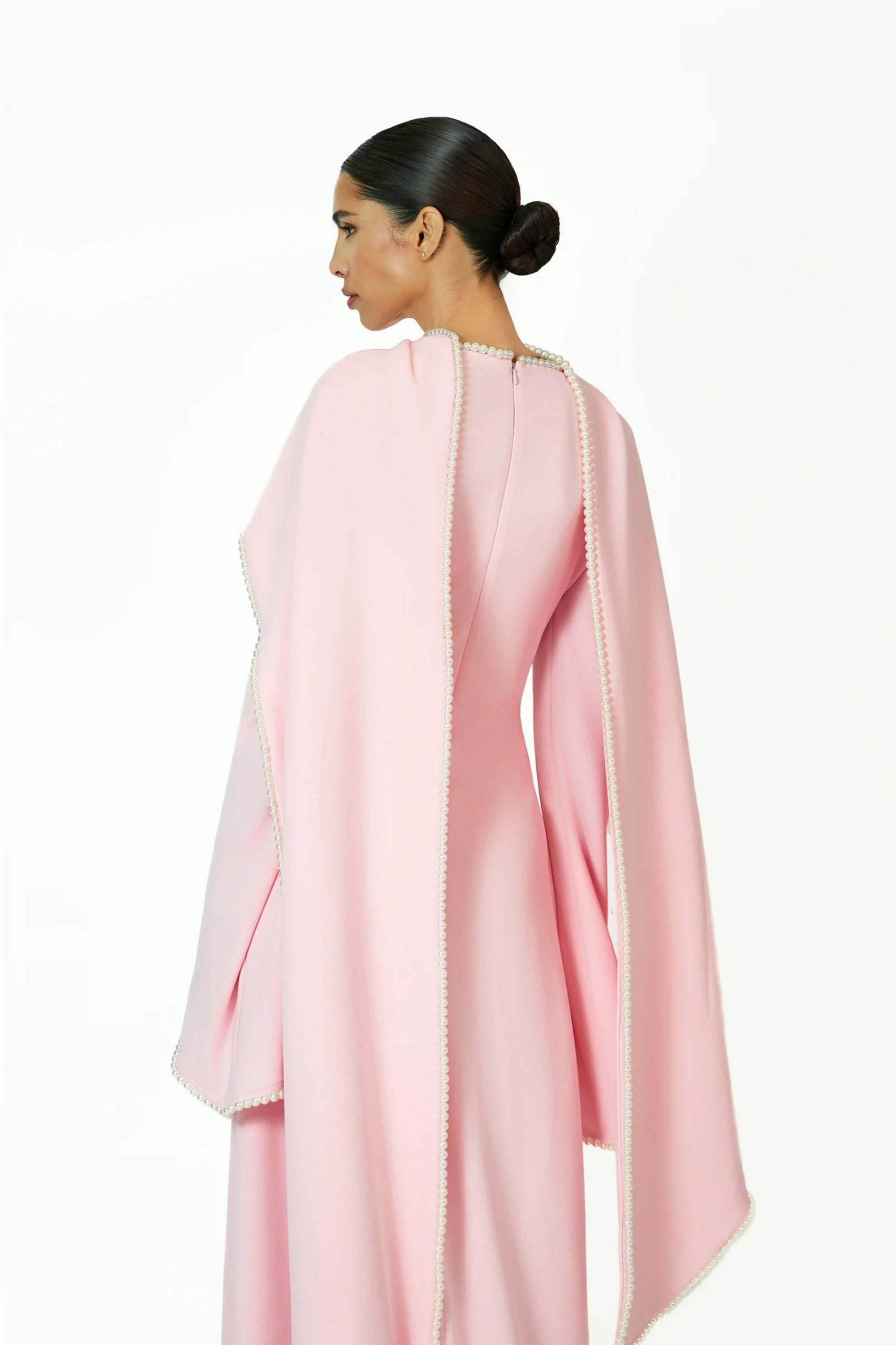 Piroska Pink Pearl Trim Shawl Detail Maxi Dress