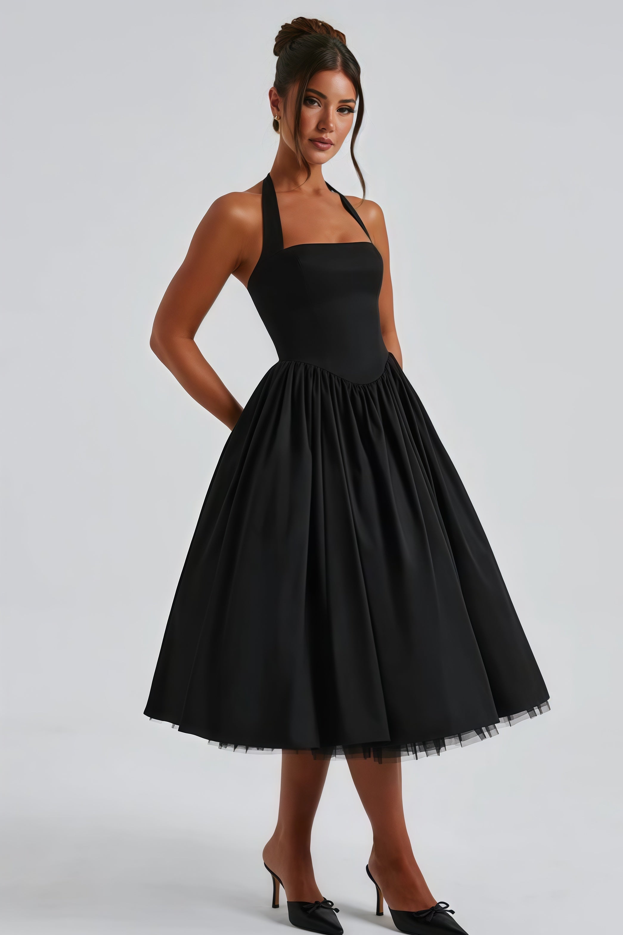 Eponine Black Layered Flared Hem Midi Dress