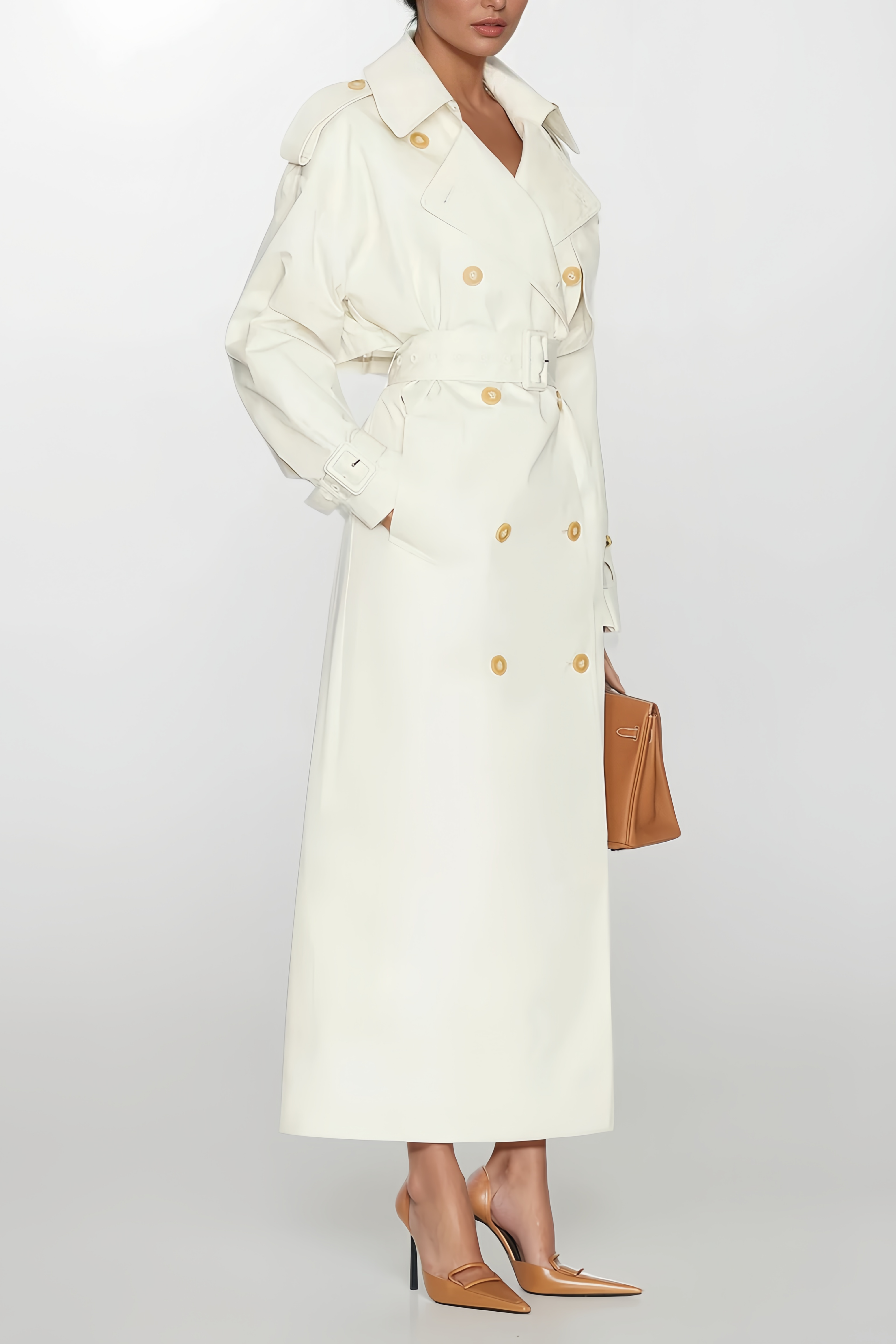 Bruyère White Double-Breasted Long Trench Coat