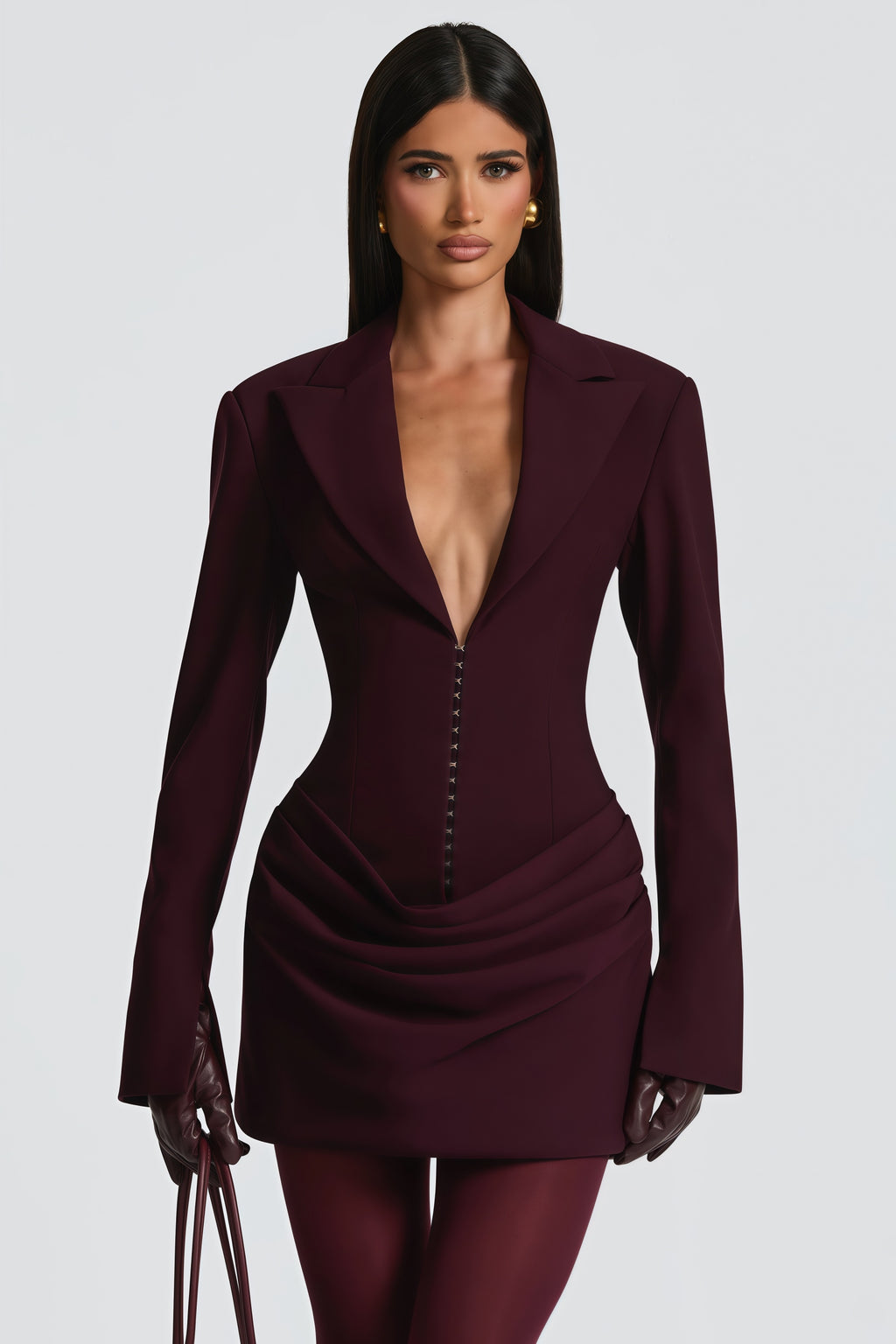Rosette Wine Red Ruched Blazer Mini Dress