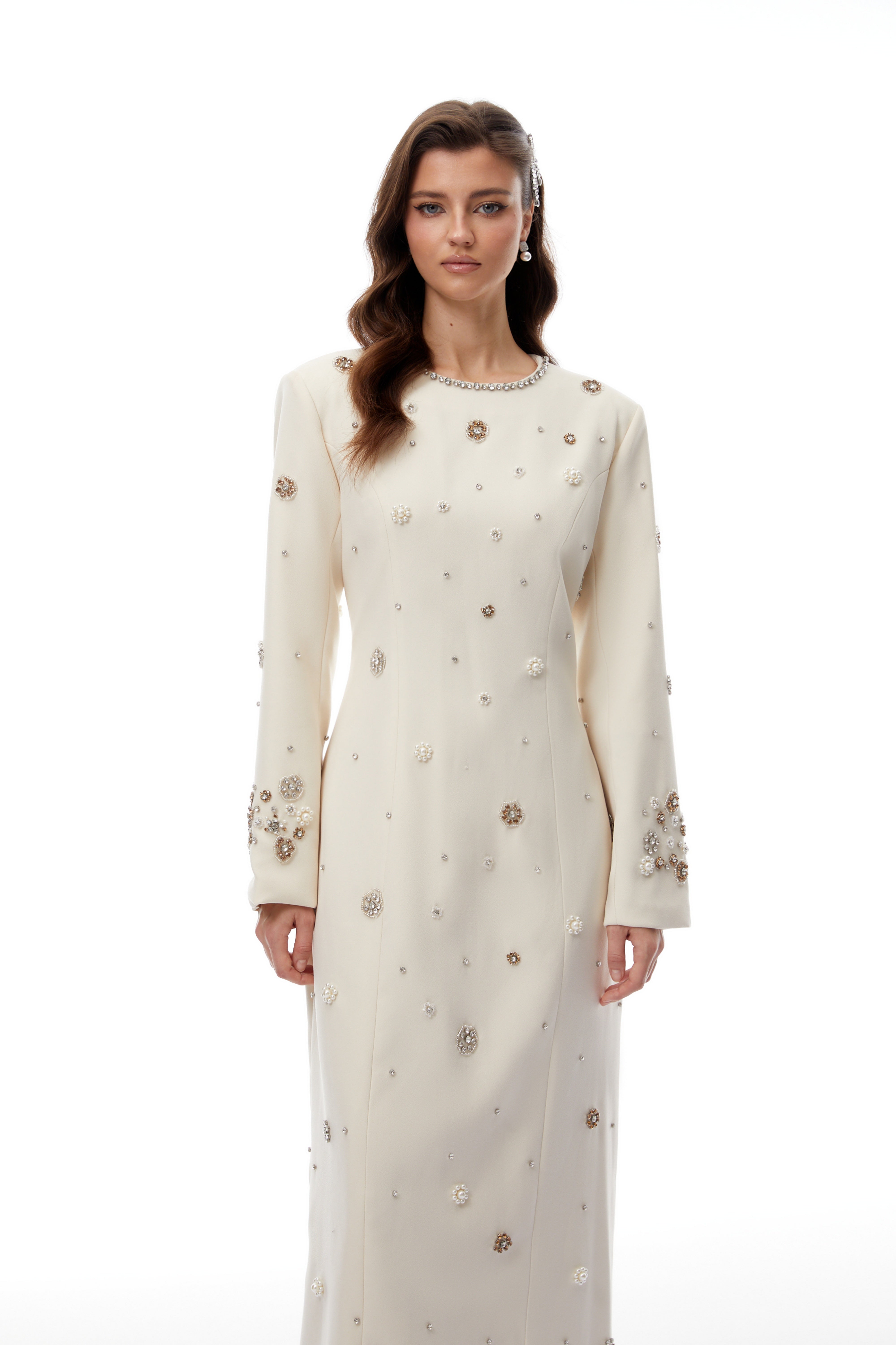 Peyton Cream White Fully Embellished Maxi Dress