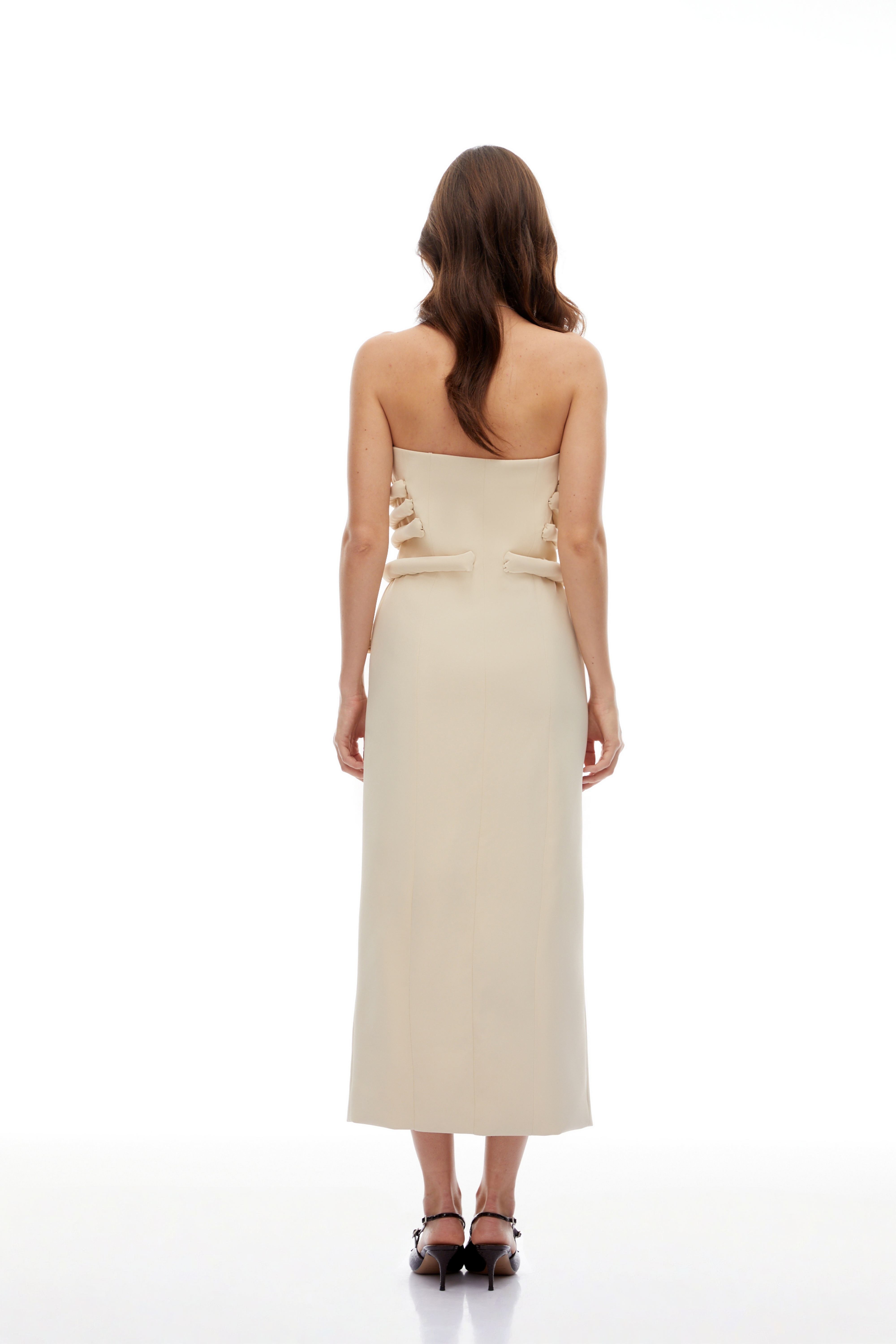 Thera Neutral Strapless Decorative Button Midi Dress