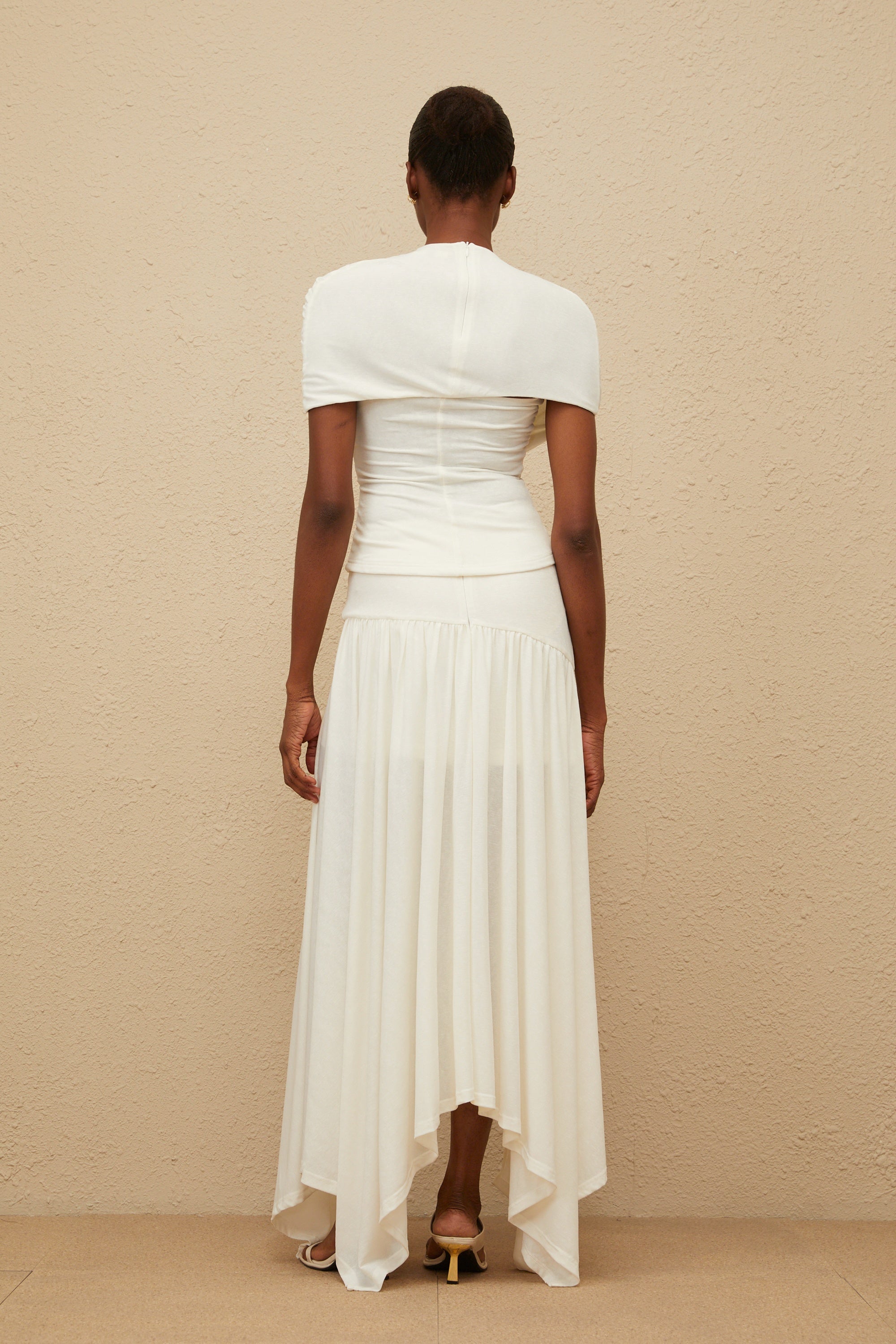 Velours White Asymmetrical Top & Skirt Set