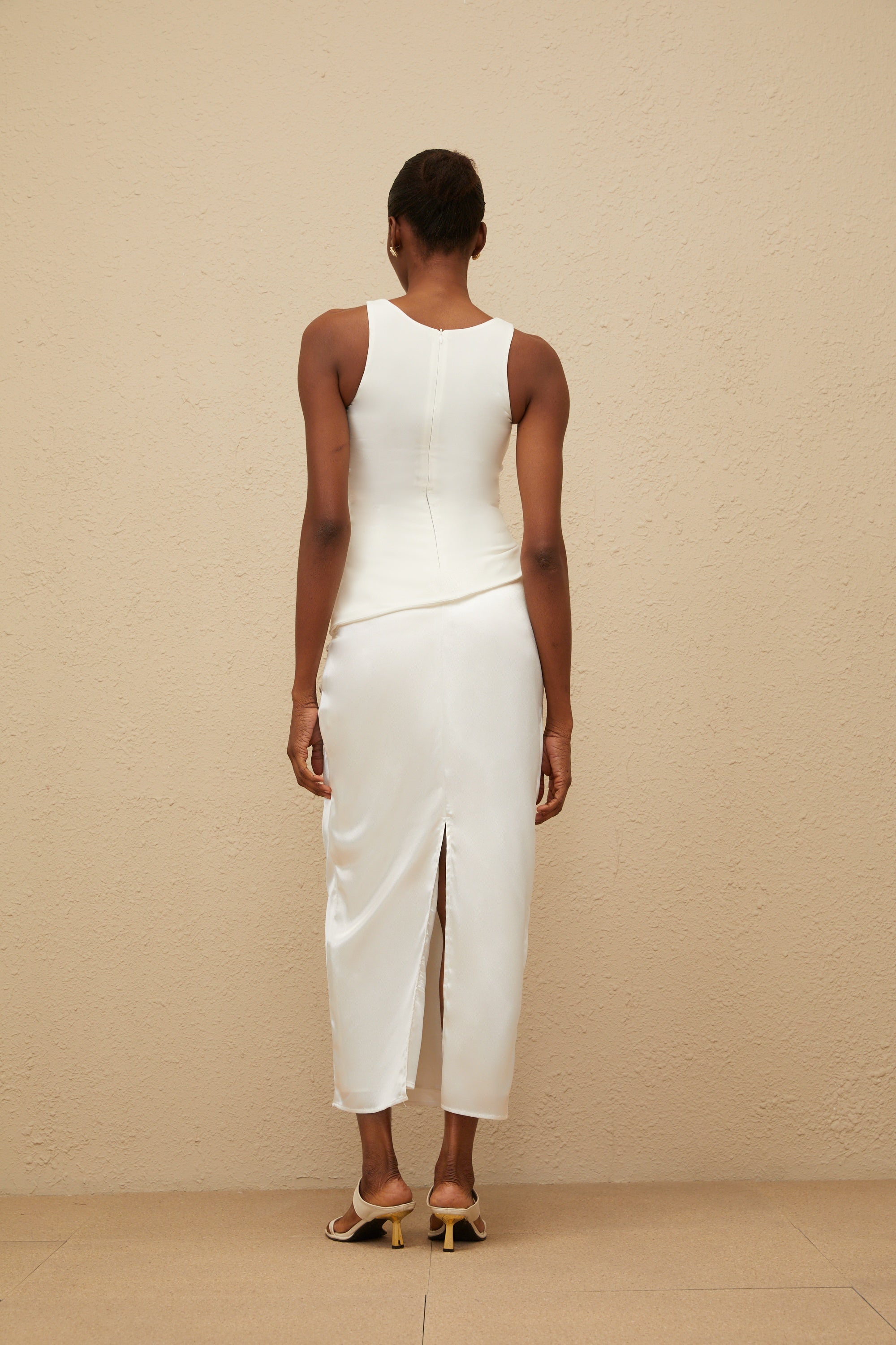 Paloma White Ruched Panel Midi Dress