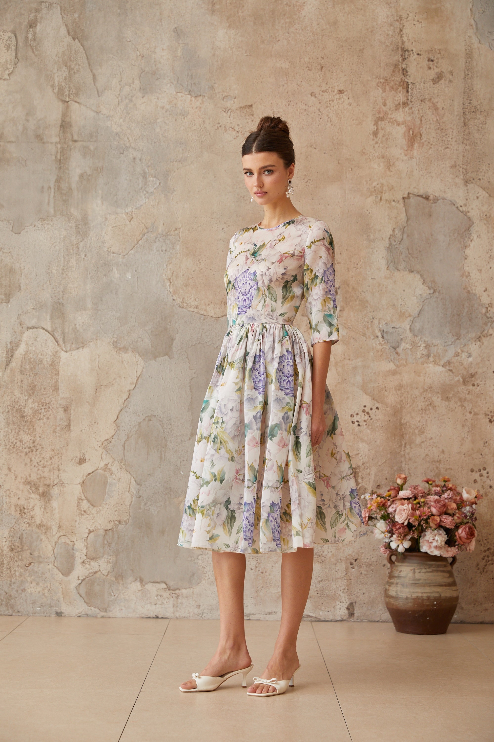 Lydie Floral Print Shirred Midi Dress