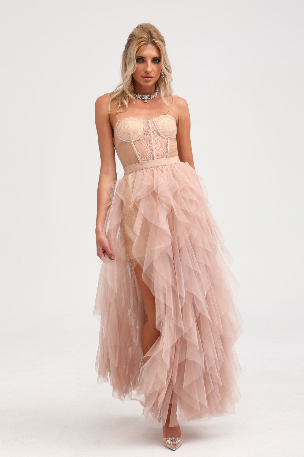 Eilís Pink Bustier Mesh Maxi Dress