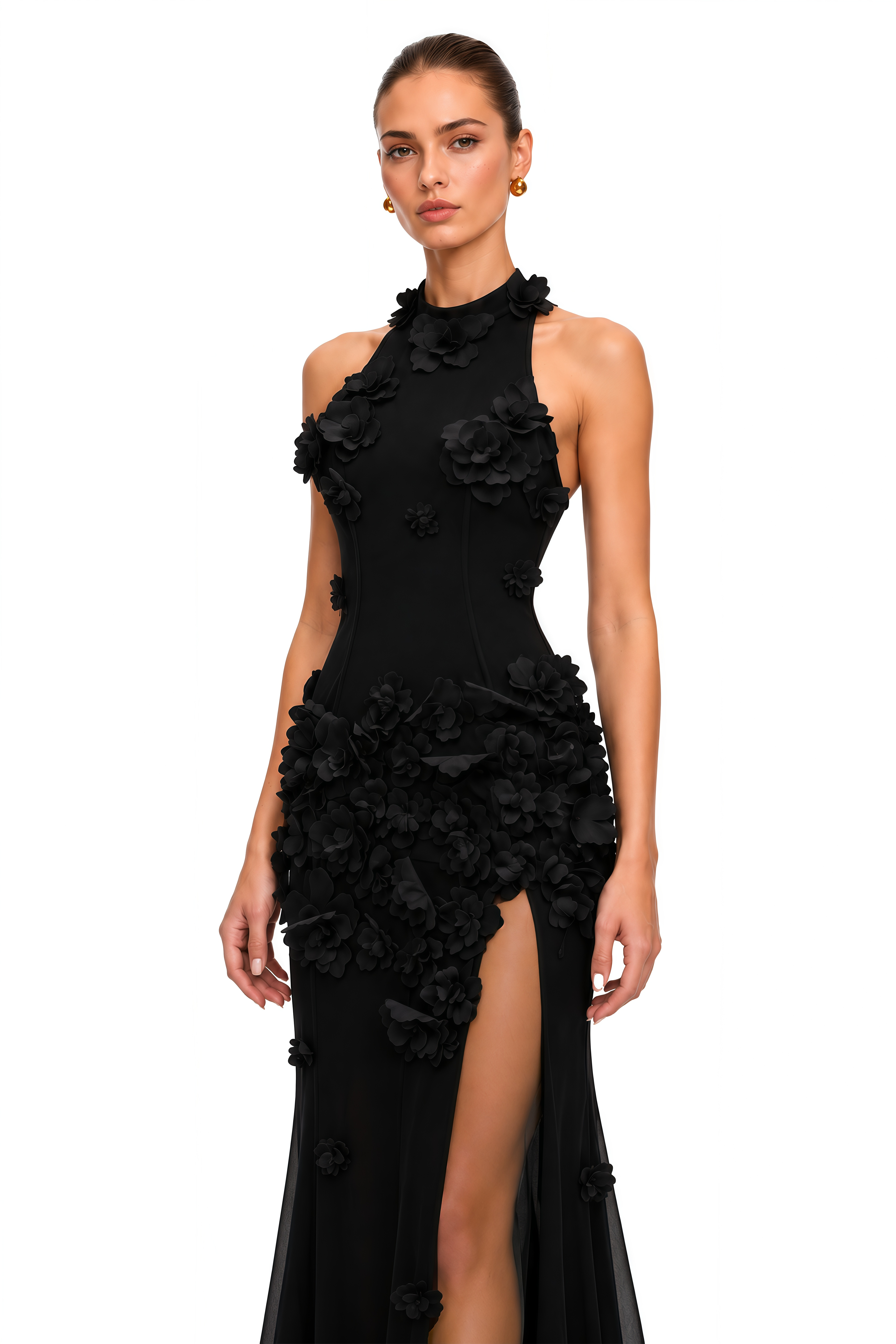 Guinevere Black Halterneck Maxi Dress with 3D Florals