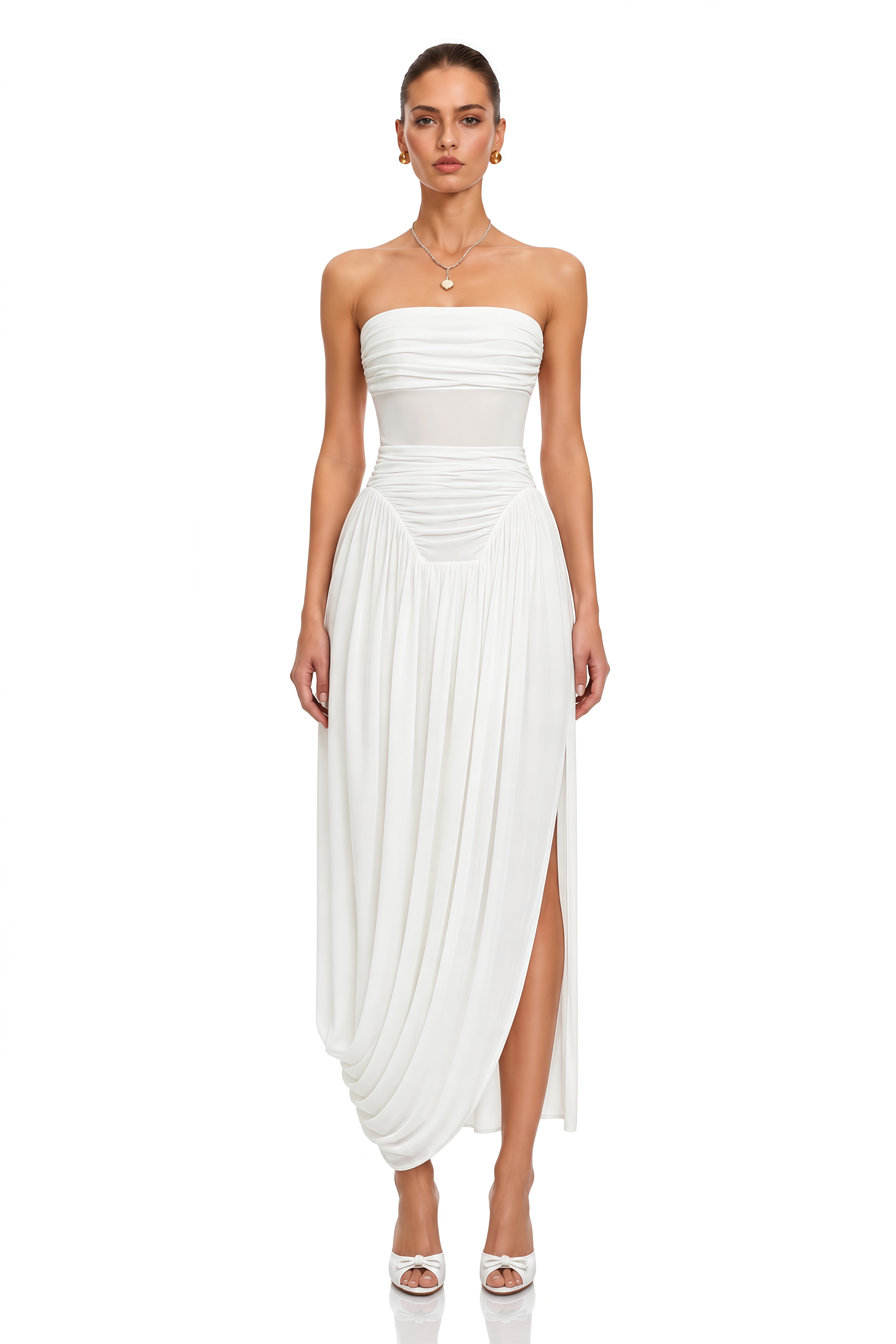Kiia White Off Shoulder Ruched Midi Dress