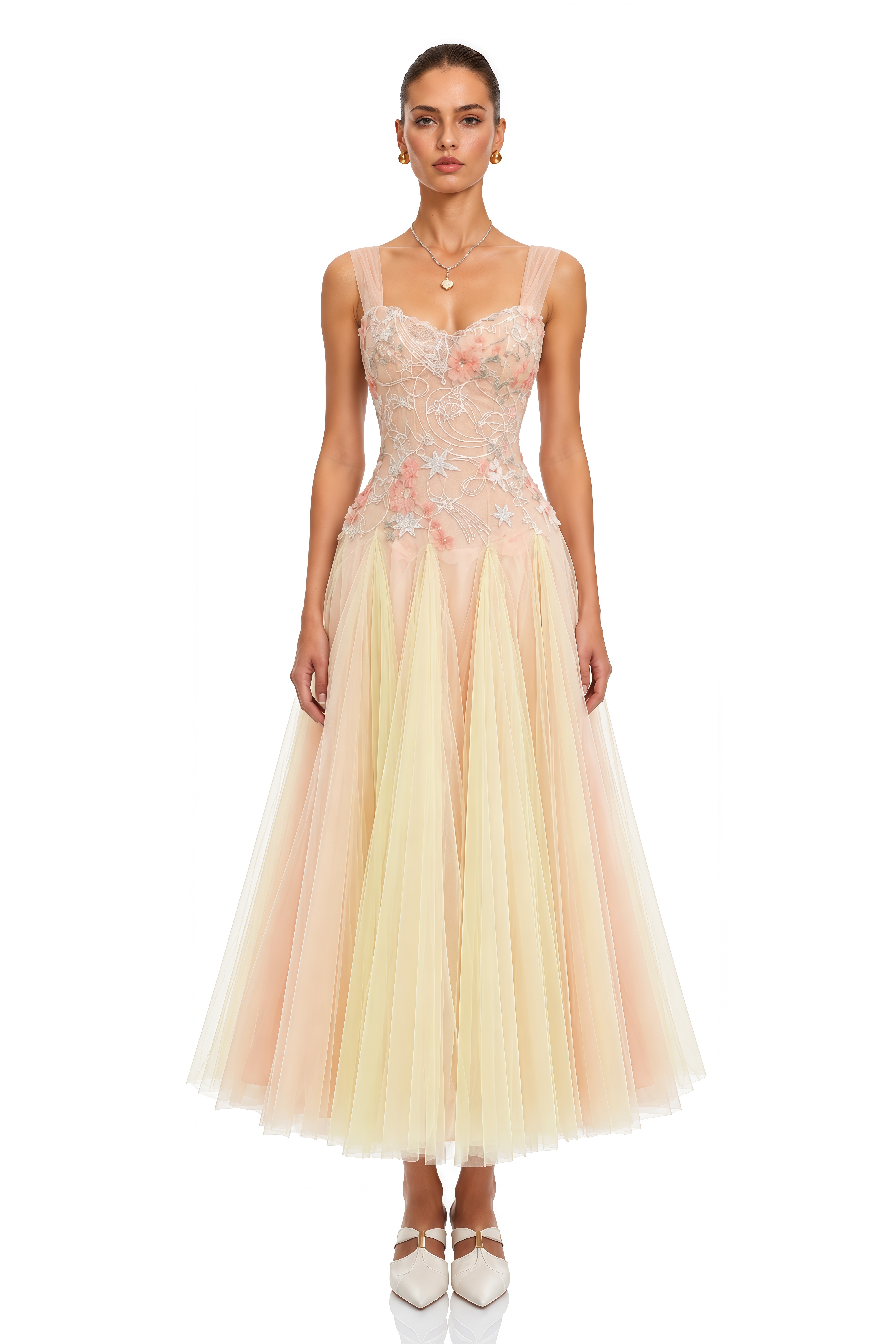 Remi Neutral Sequined Embroidered Tulle Midi Dress