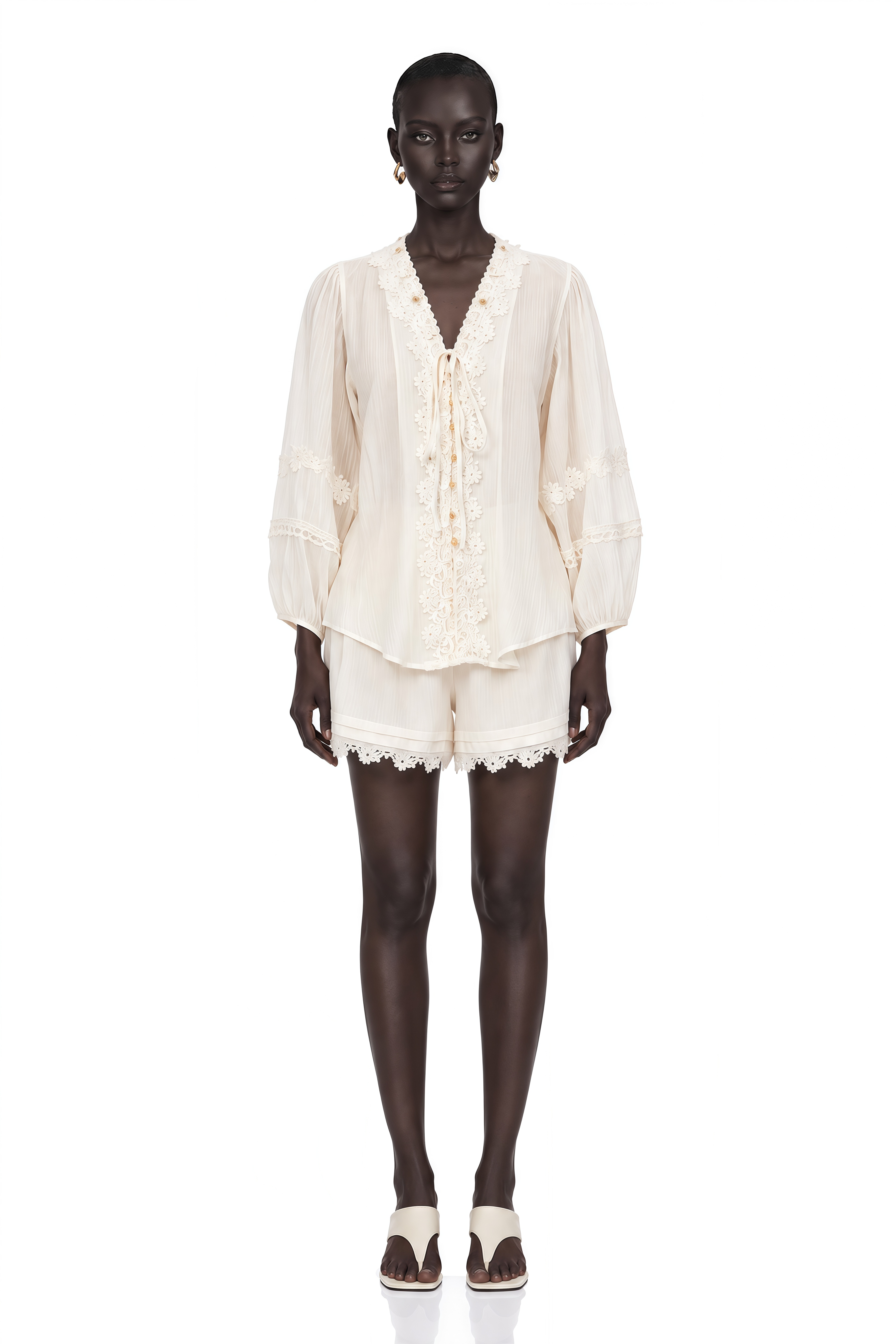 Leonie Ivory V-Neck Blouse & Shorts Set with Floral Applique