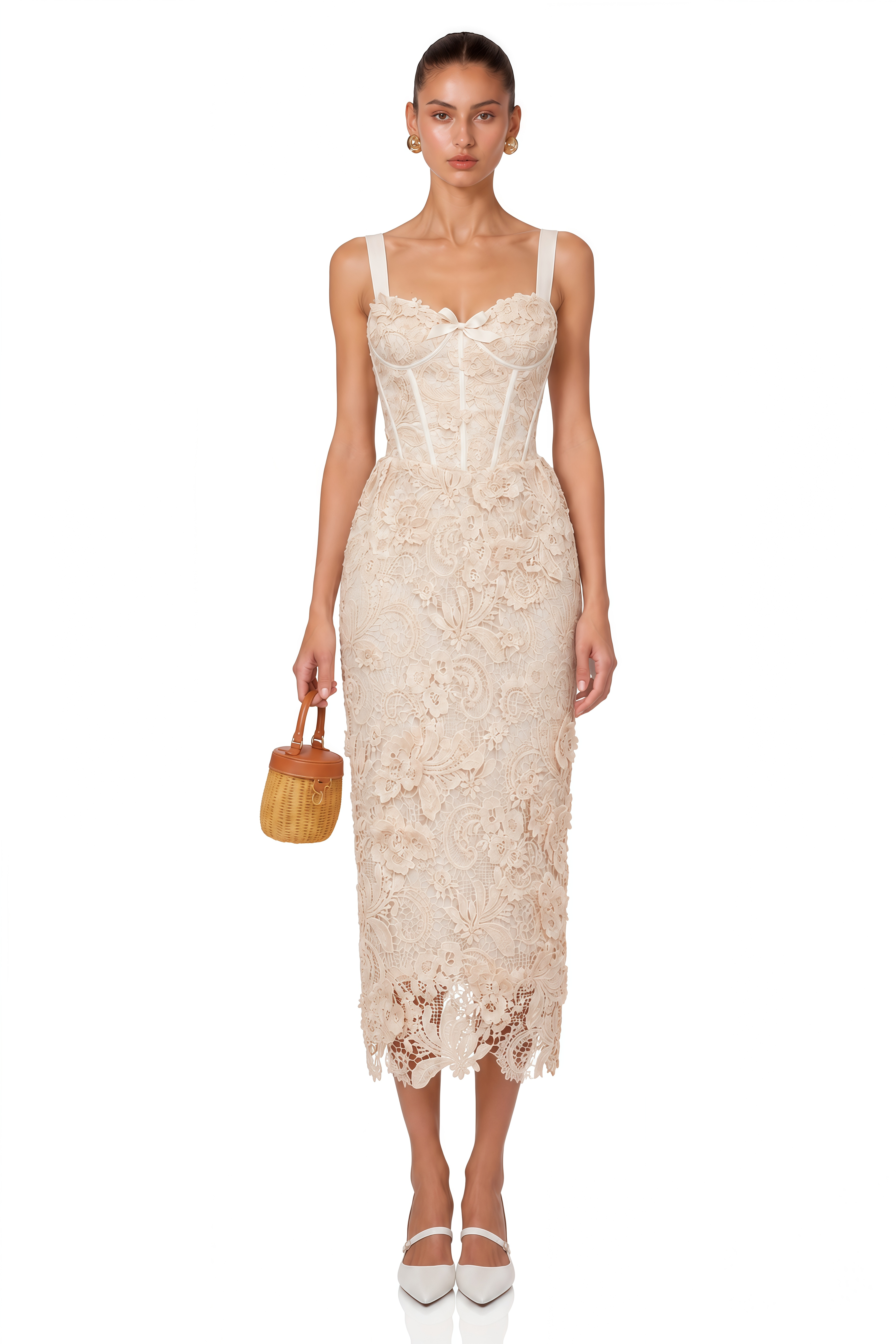 Irene Neutrals Corded Lace Corset Midi Dress