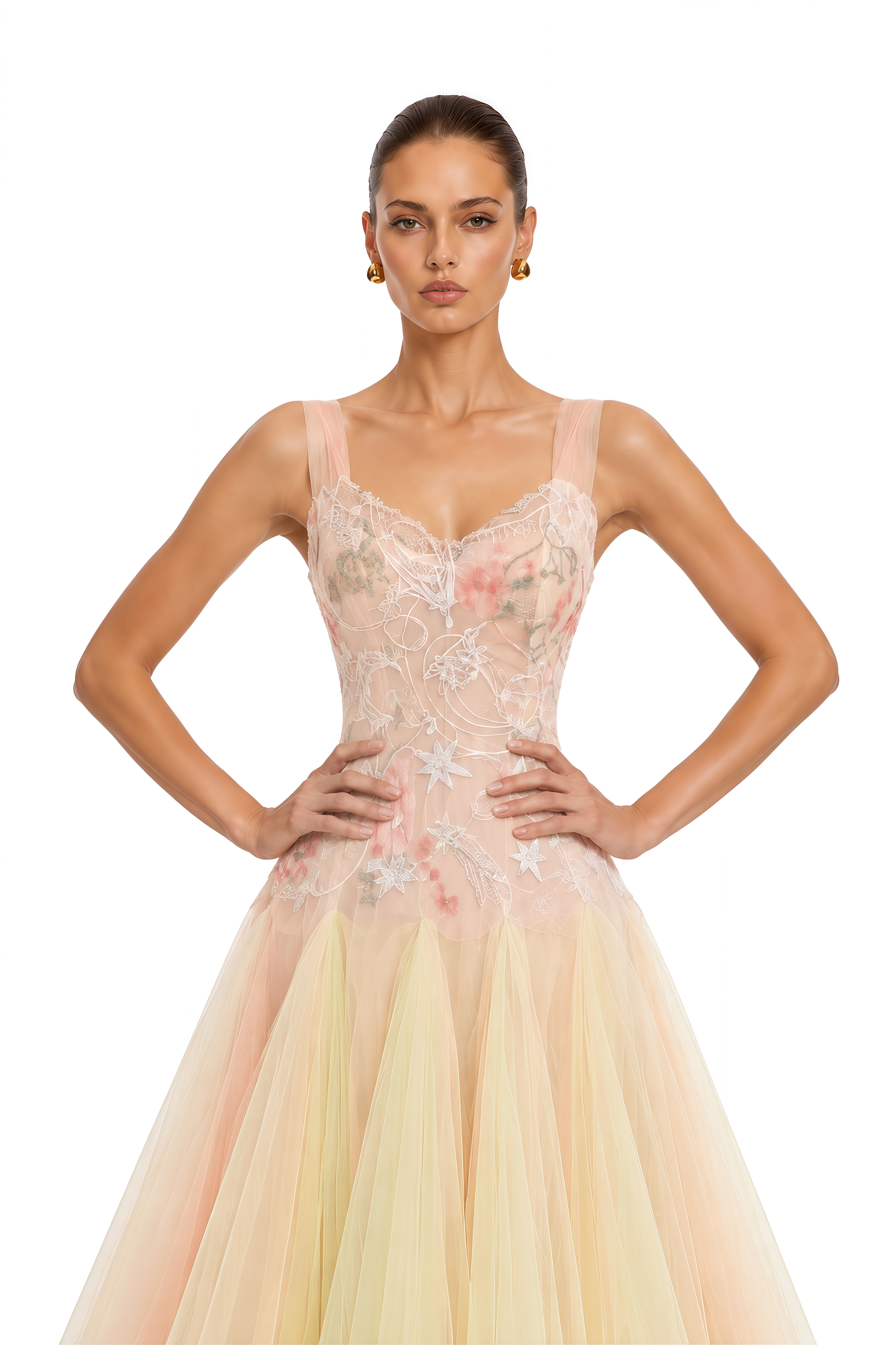 Remi Neutral Sequined Embroidered Tulle Midi Dress