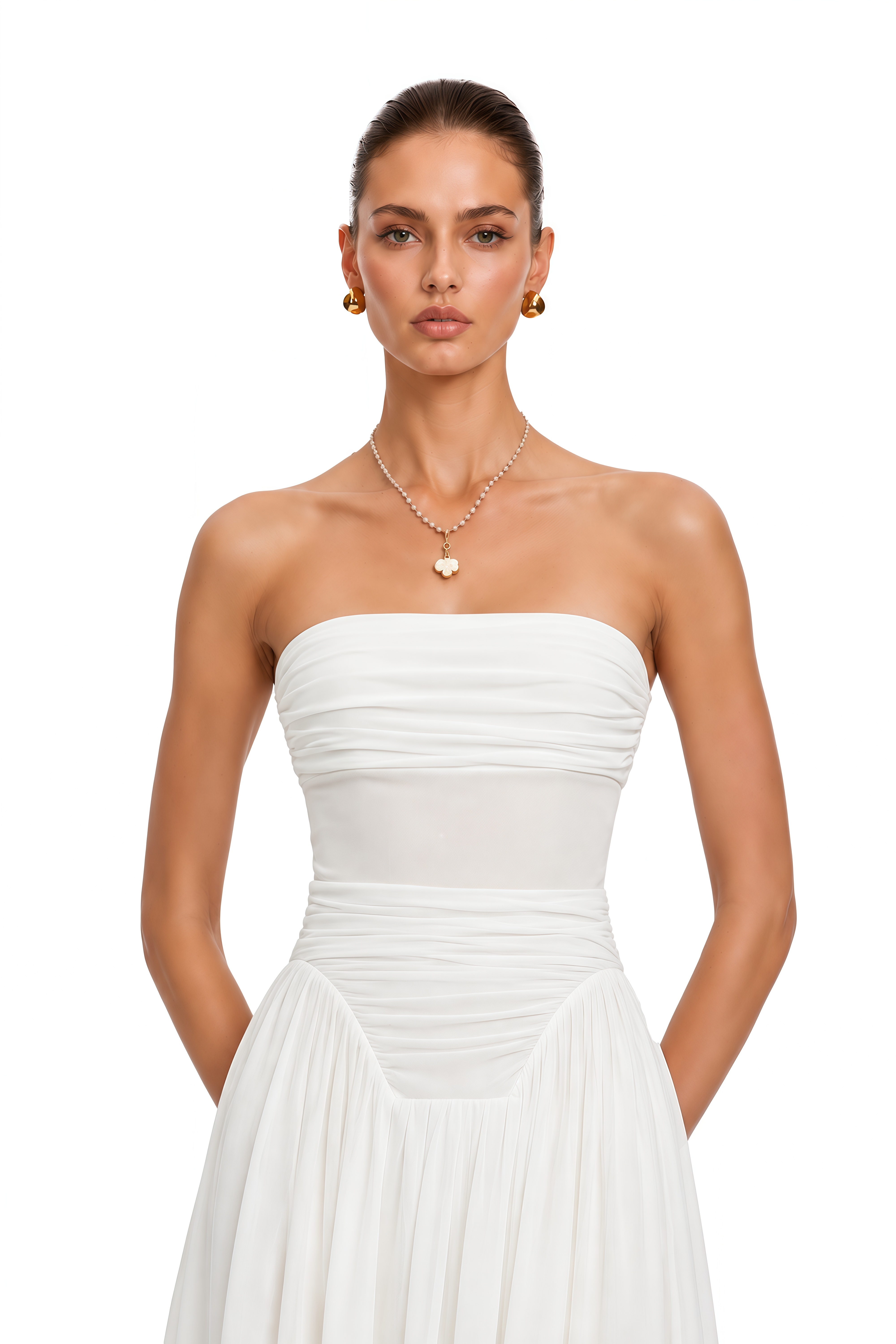 Kiia White Off Shoulder Ruched Midi Dress