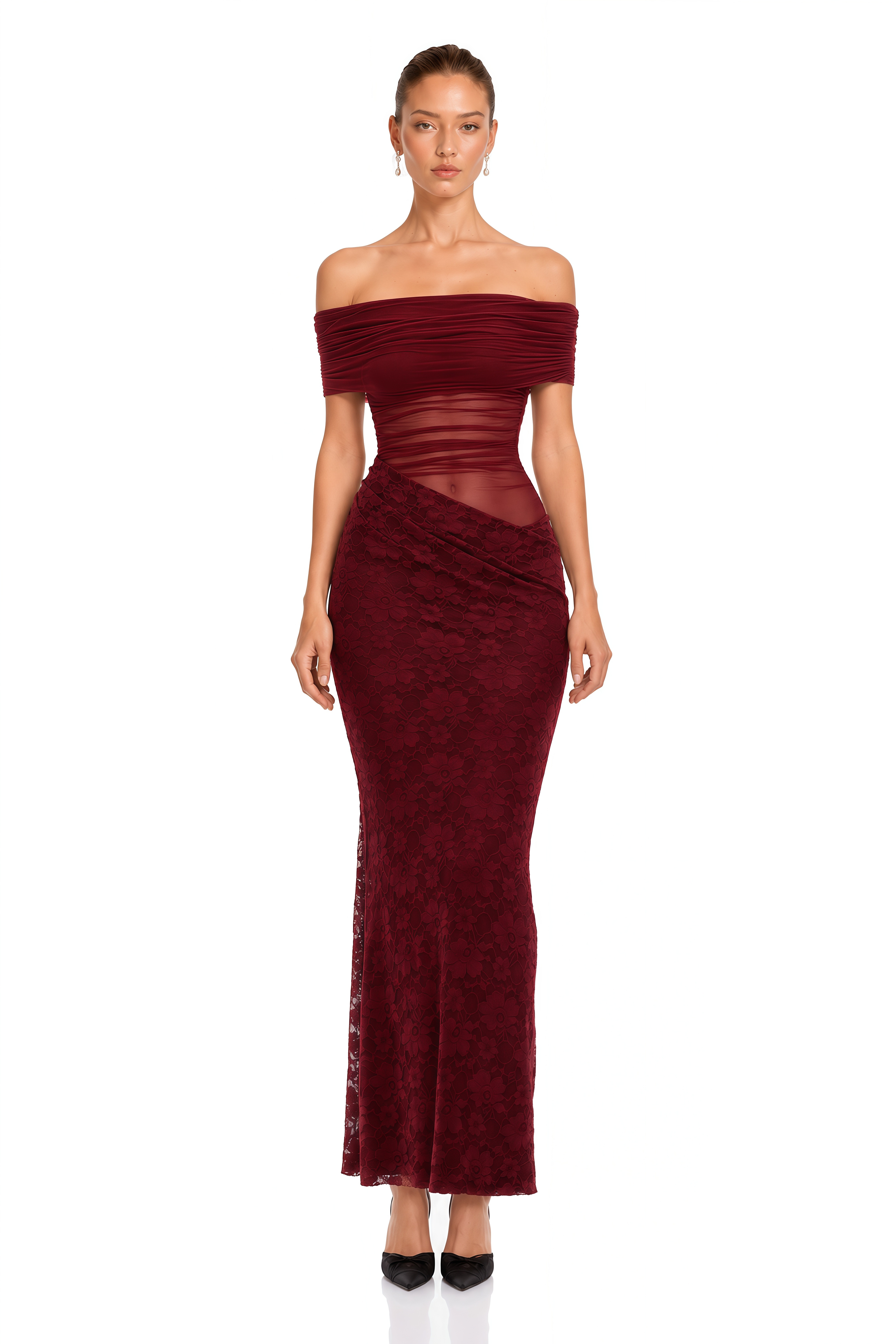 Dianthe Red Lace Panel Mesh Midi Dress