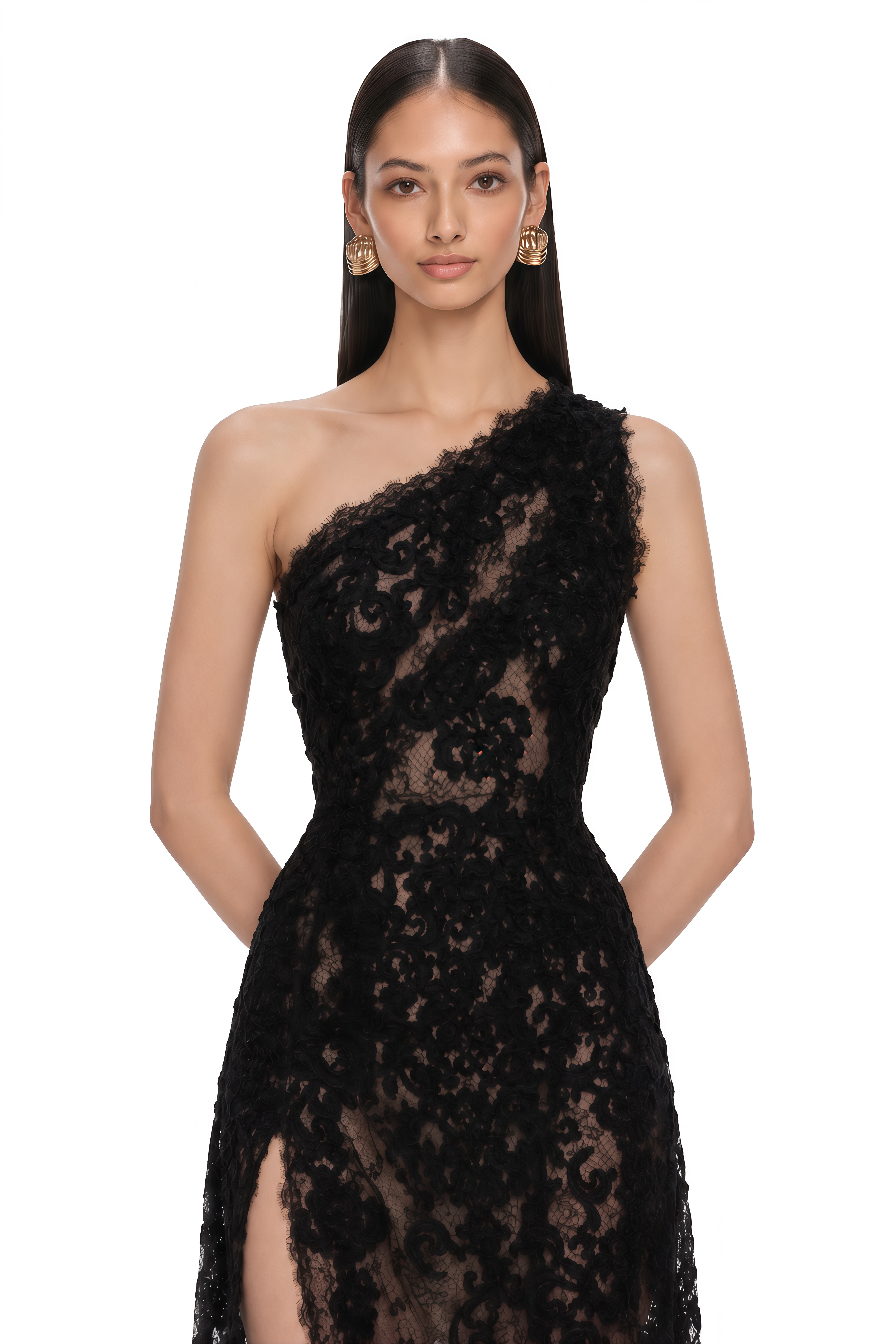 Hannah Black 3D Floral Midi Dress wiith Side Slit