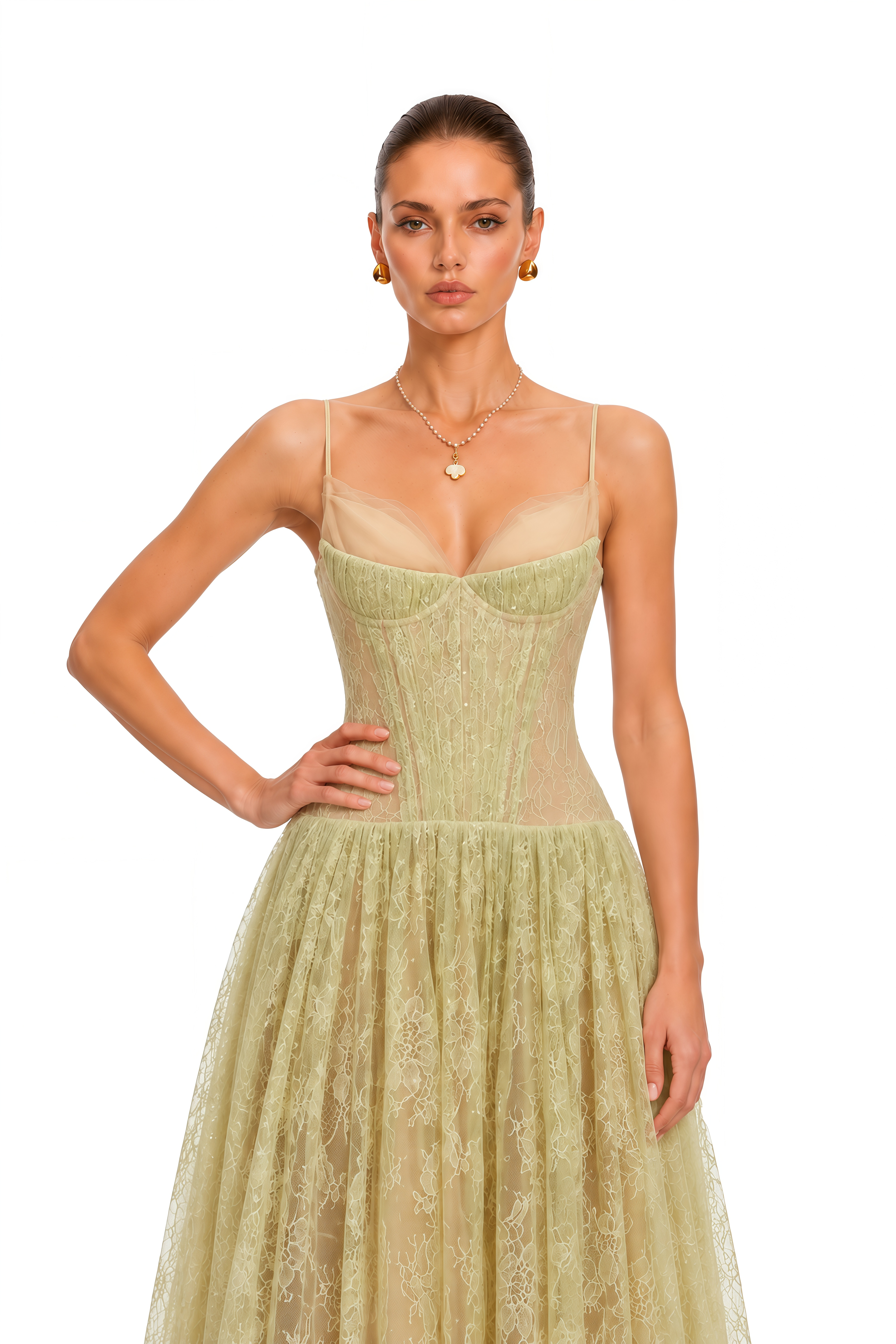 Severine Green Floral Lace Tulle Maxi Dress
