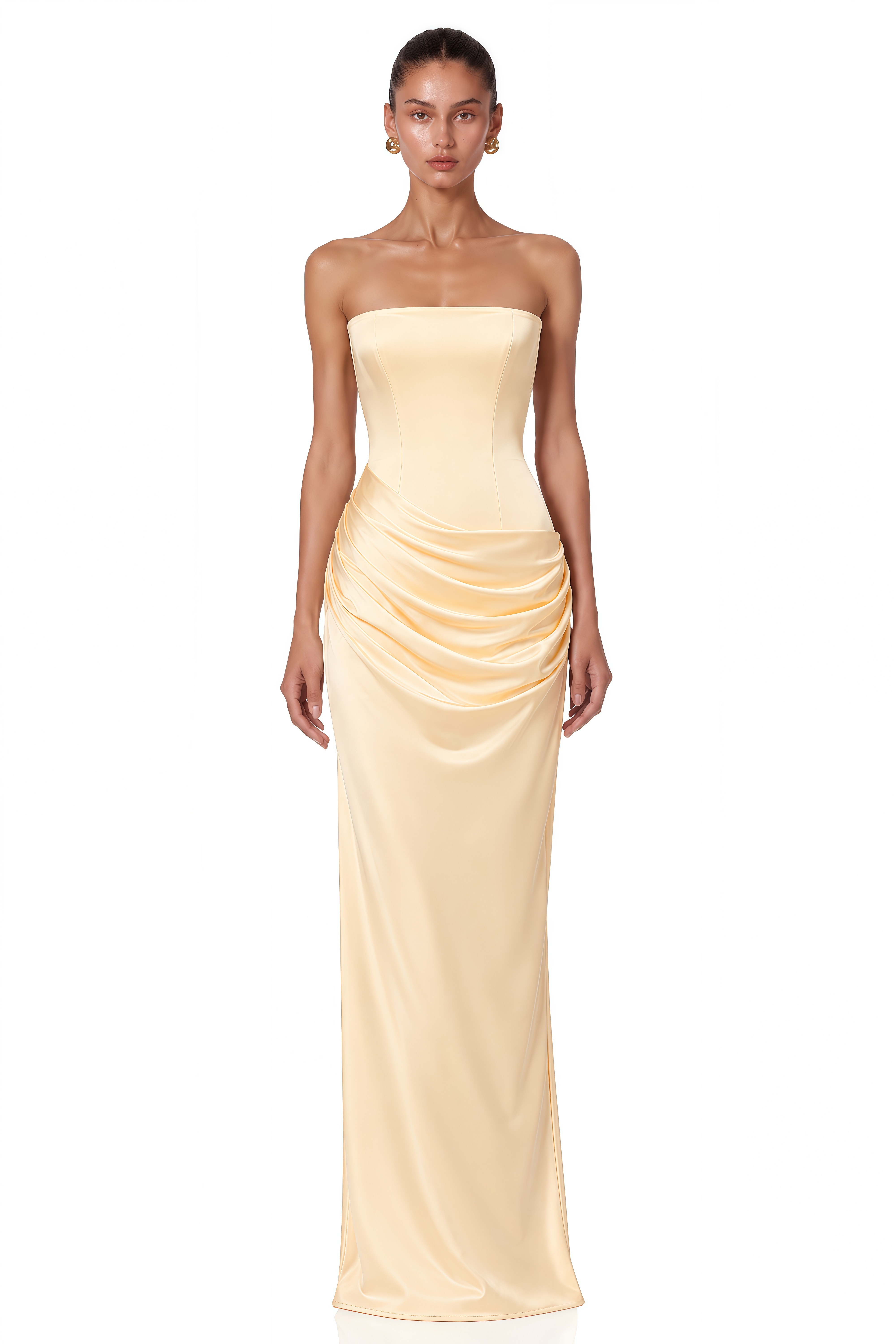 Adélade Yellow Ruched Satin Corset Maxi Dress