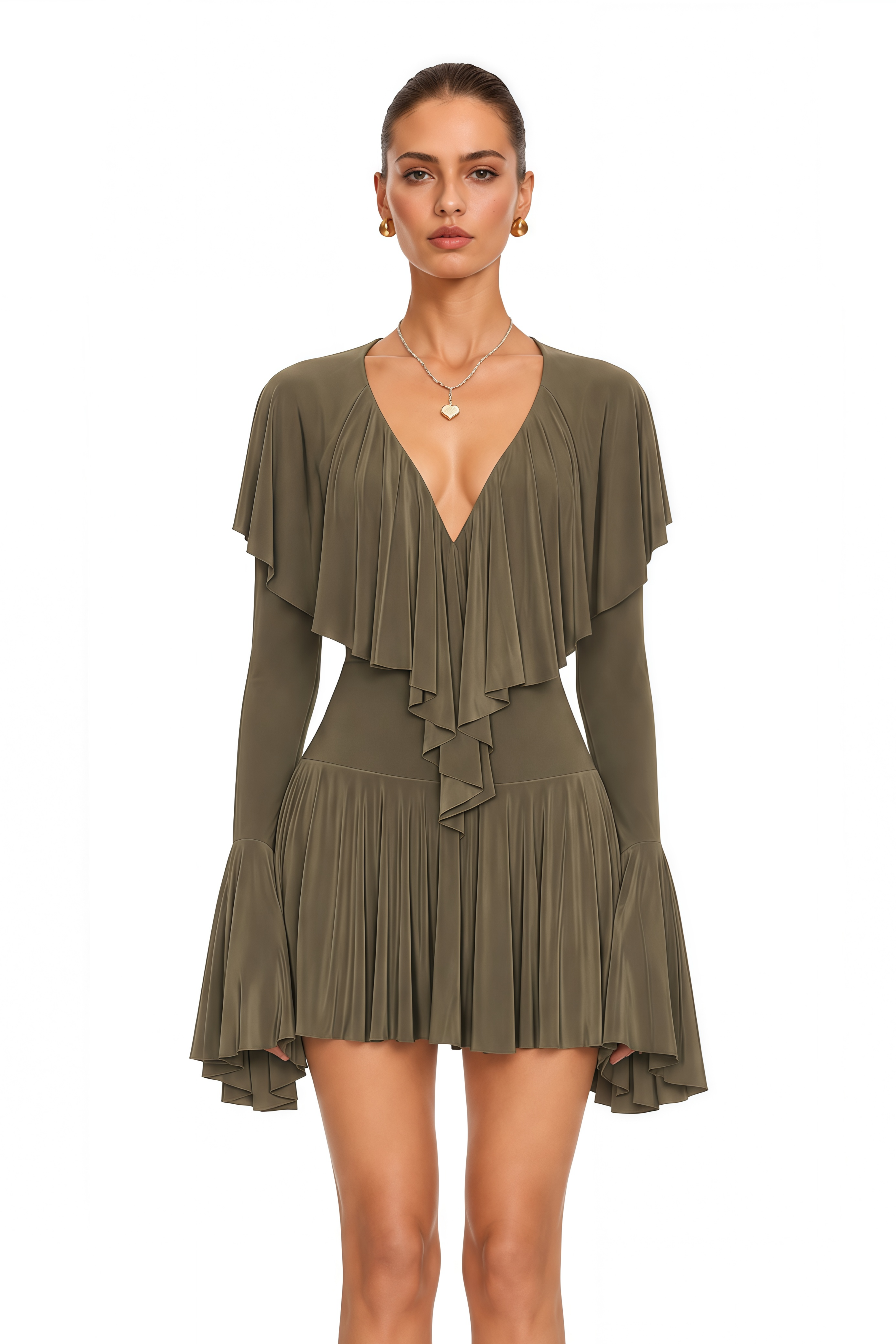 Avelina Olive Green Ruffle Cape Long Sleeve Mini Dress