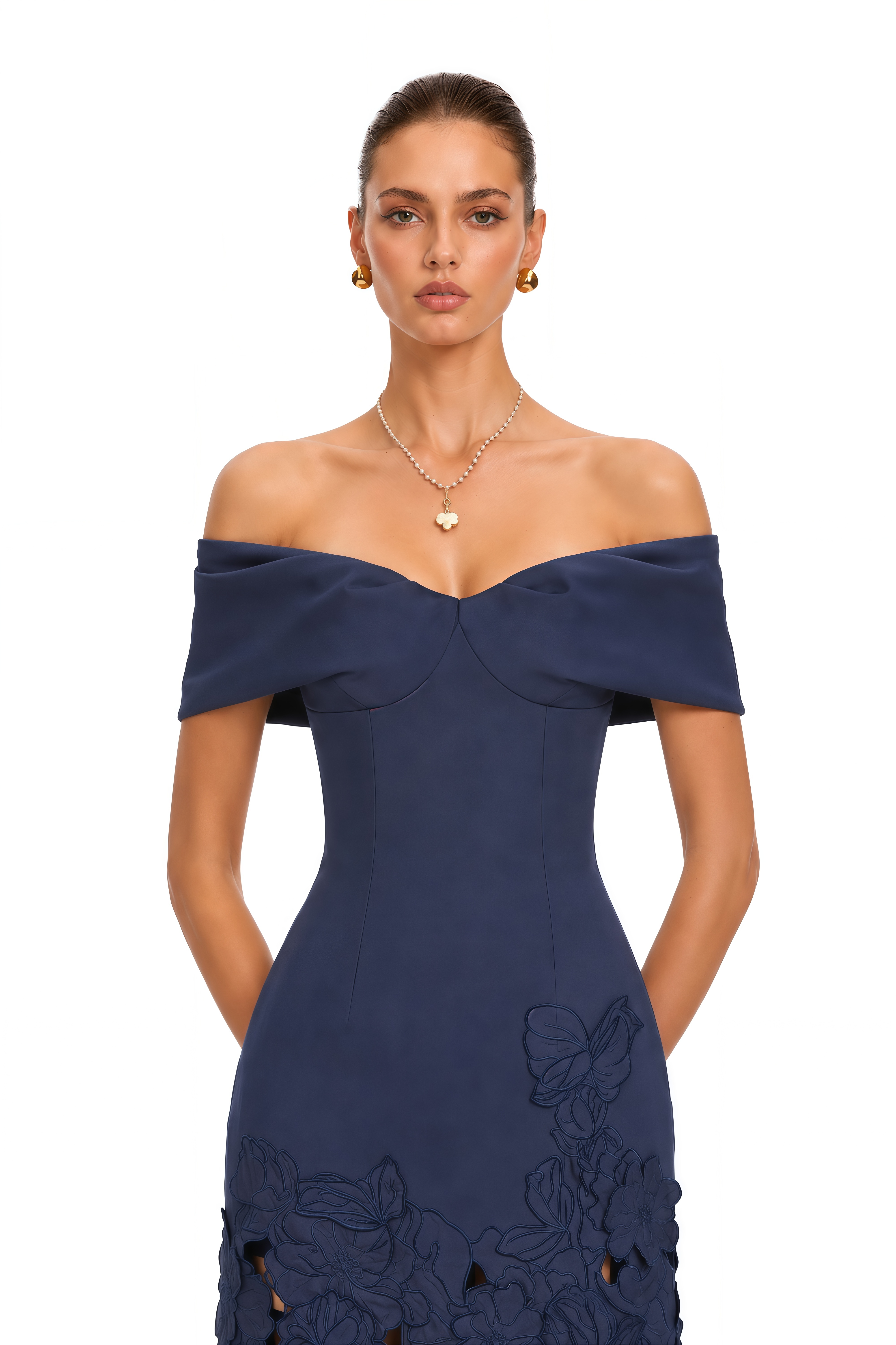 Ayat Navy Blue Off Shoulder Floral Cut-Out Midi Dress
