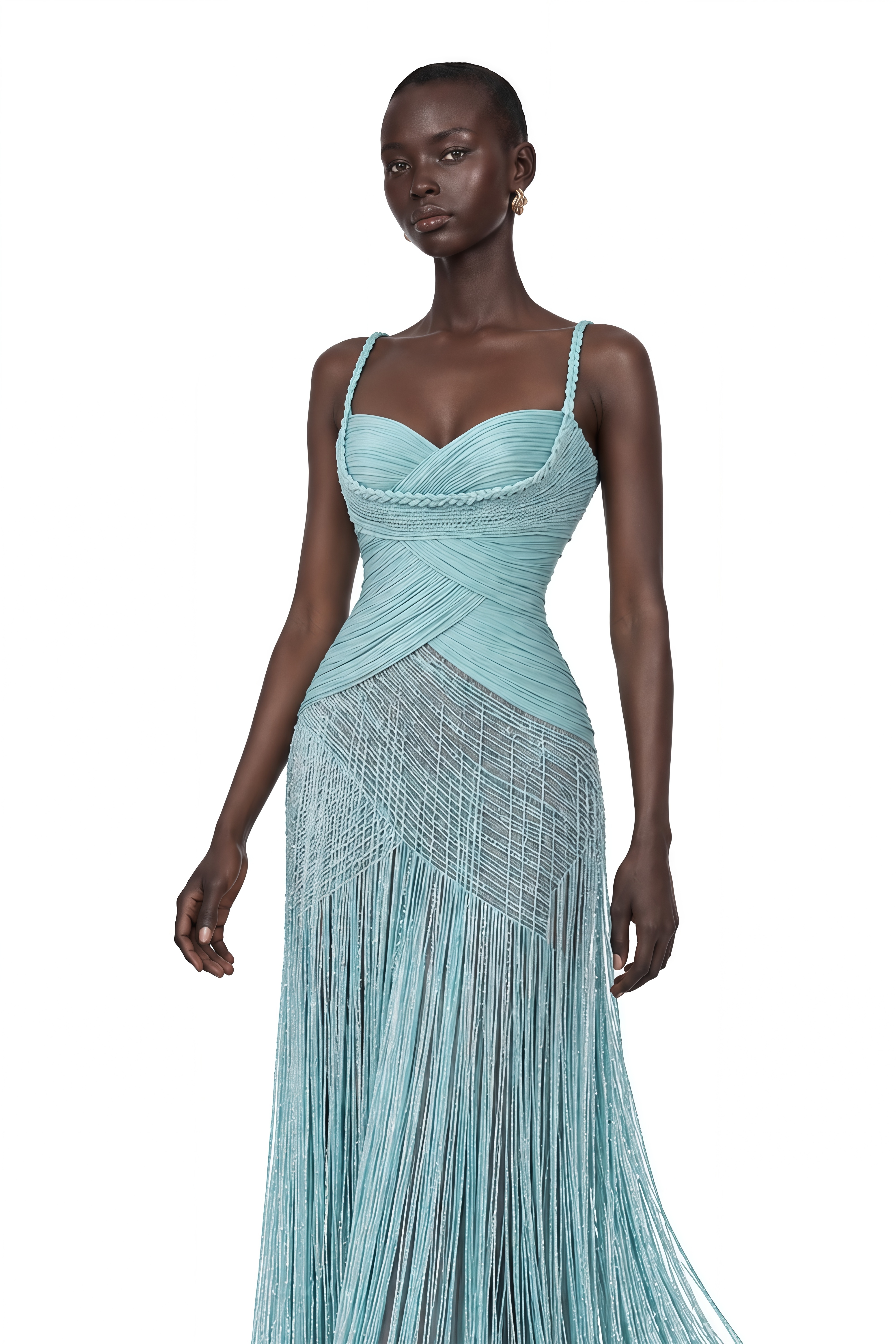 Calanthe Green Ruched Fringe Maxi Dress