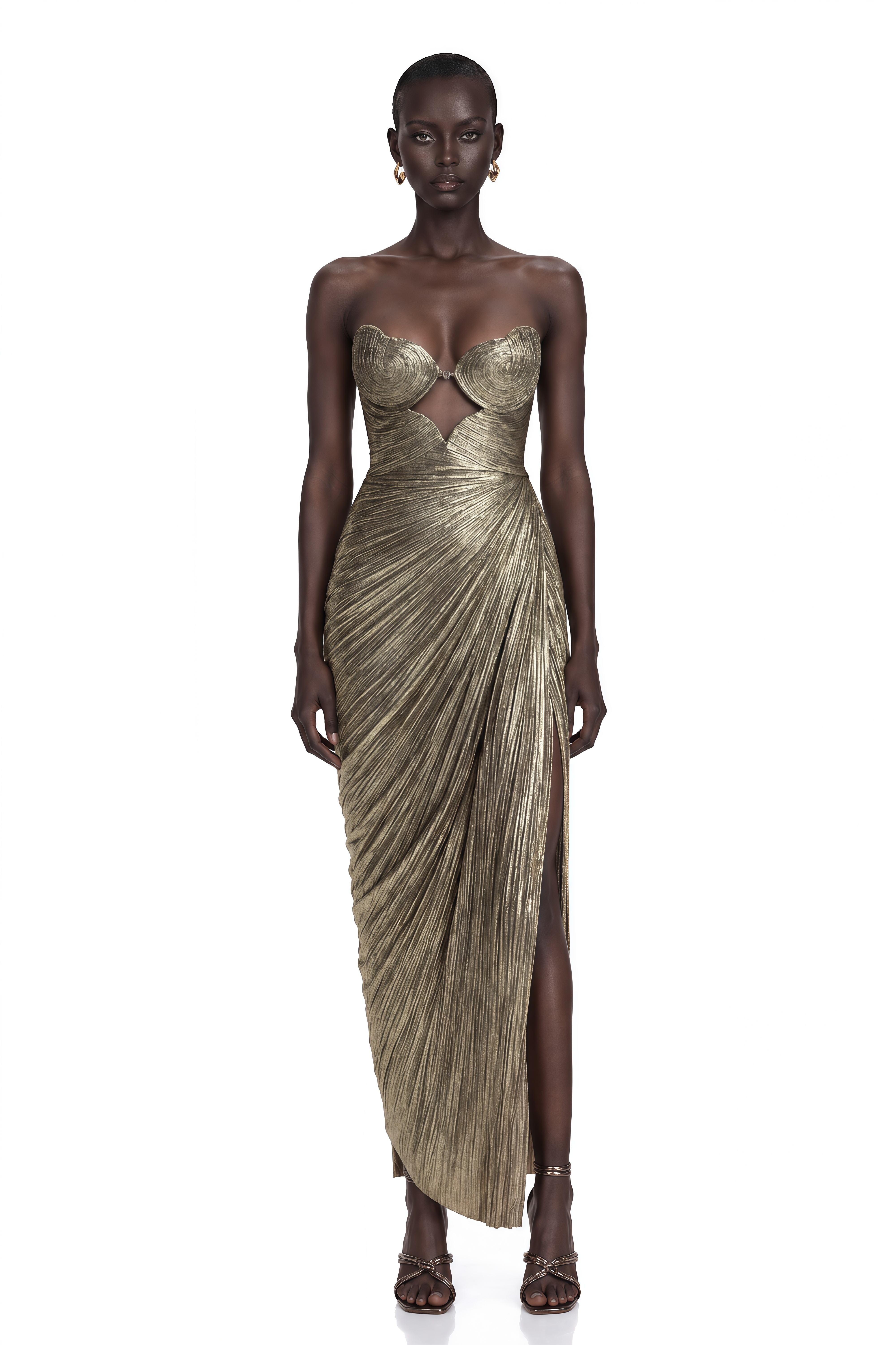Calista Gold Metallic Ruched Cutout Maxi Dress