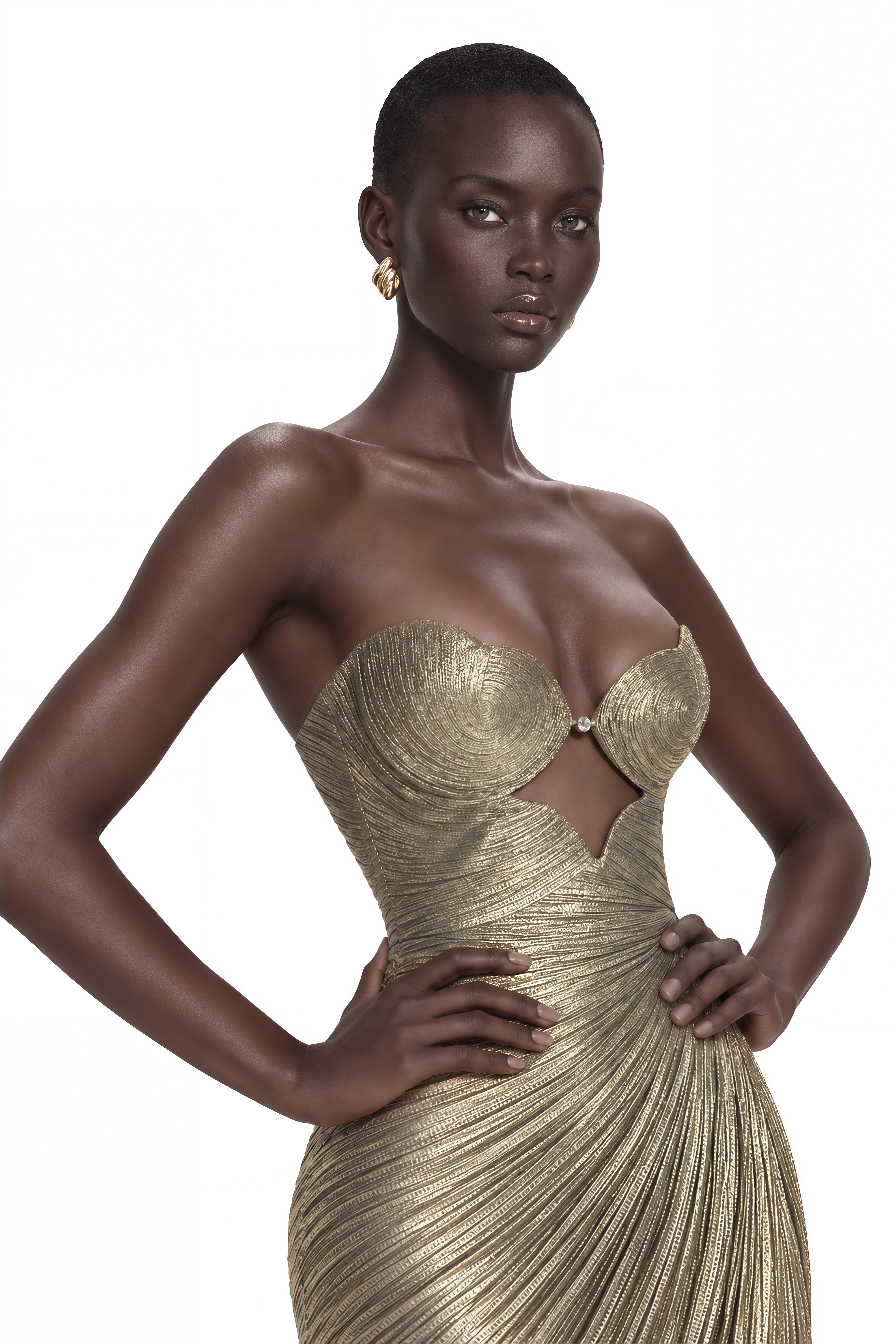 Calista Gold Metallic Ruched Cutout Maxi Dress