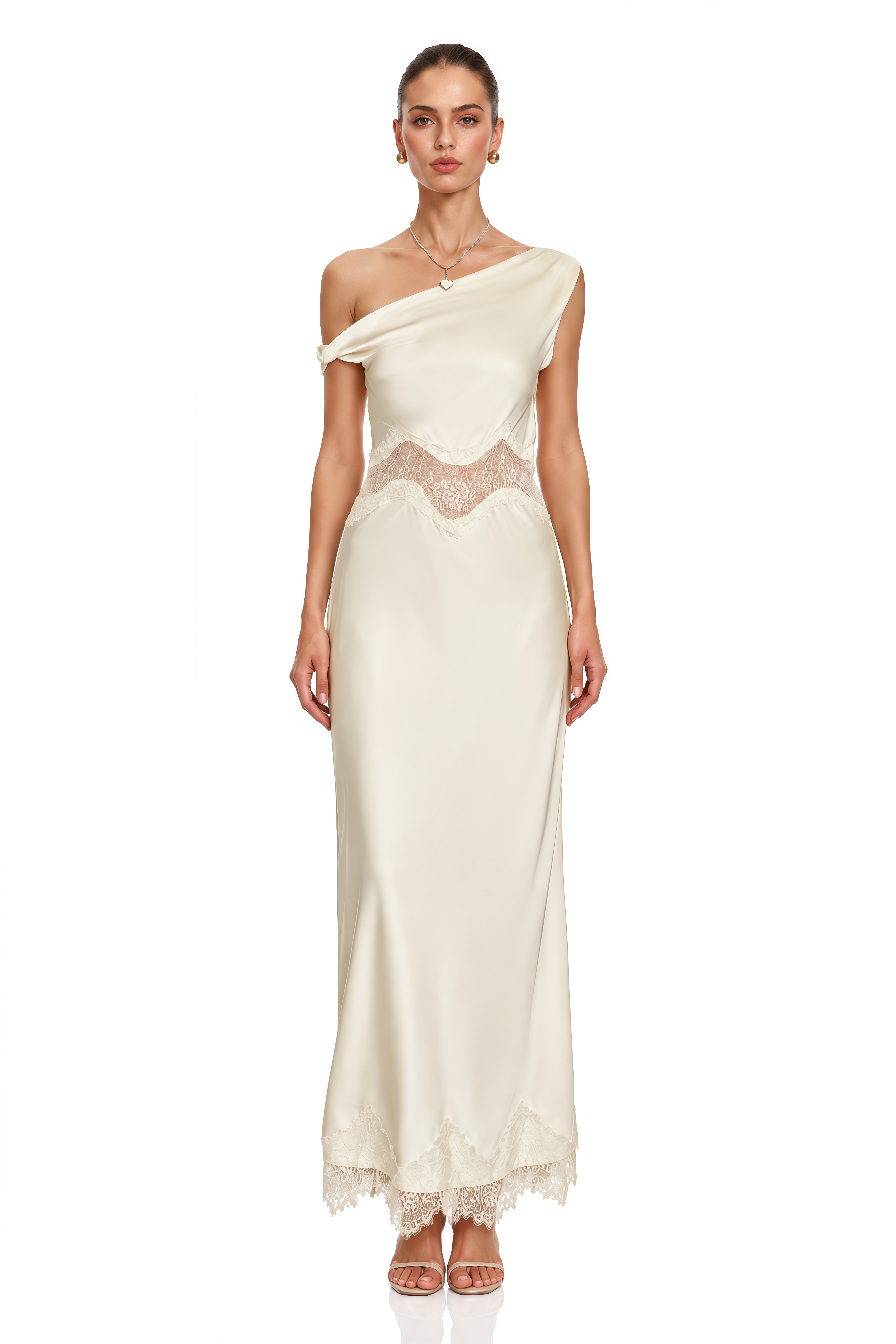 Capucine Ivory Lace Panel One Shoulder Maxi Dress