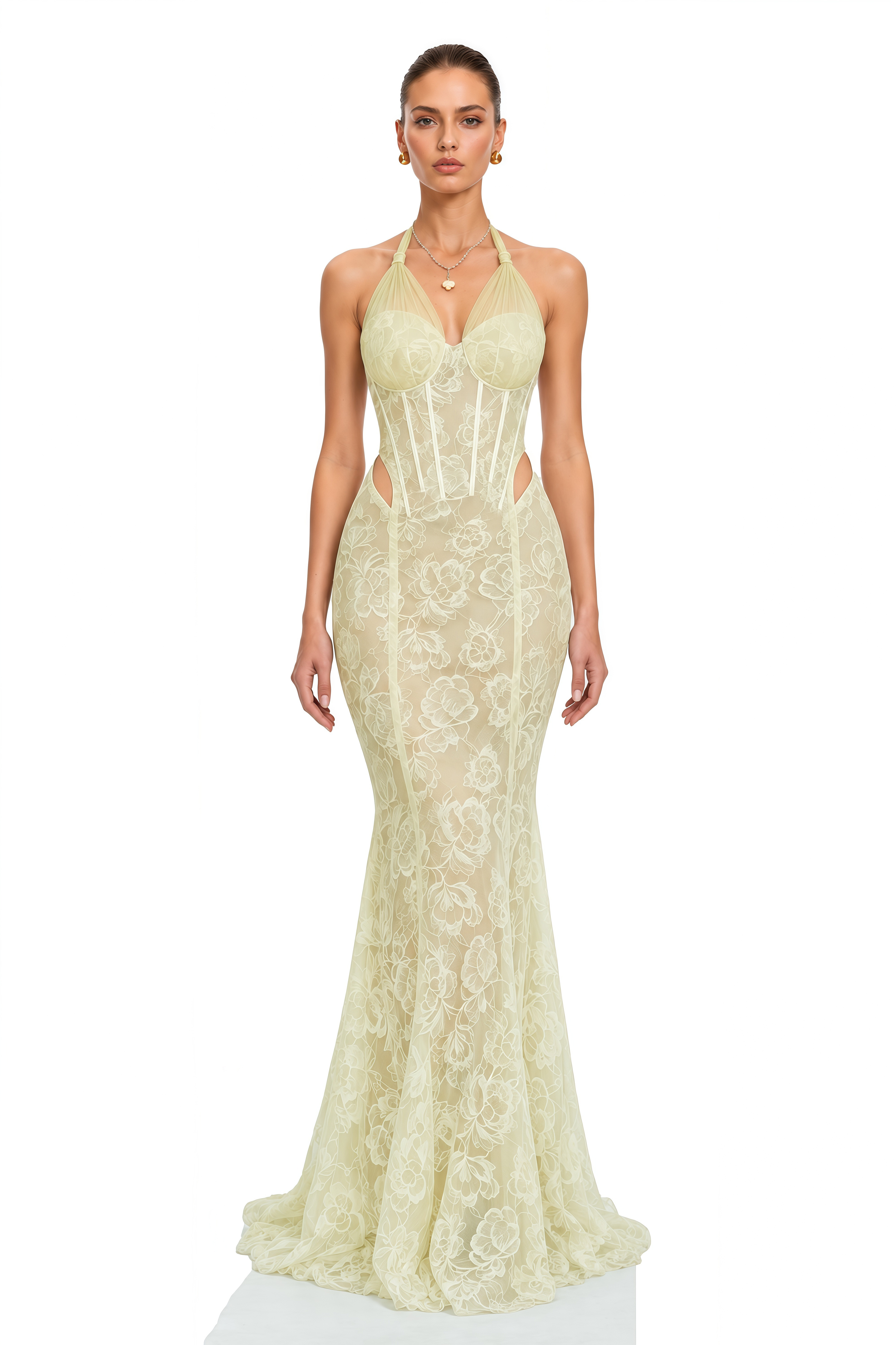 Dhara Green Lace Halterneck Corset Maxi Dress