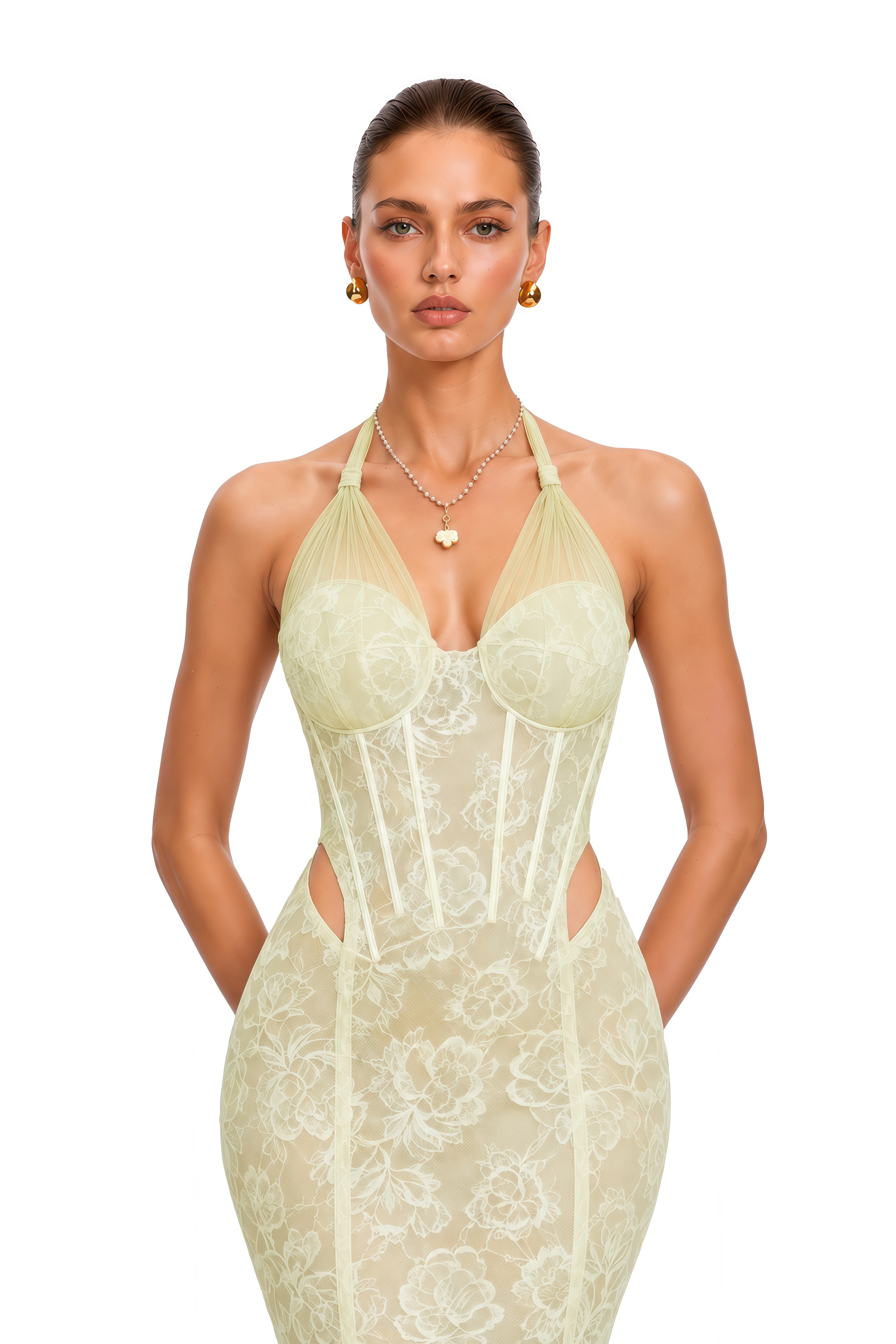 Dhara Green Lace Halterneck Corset Maxi Dress